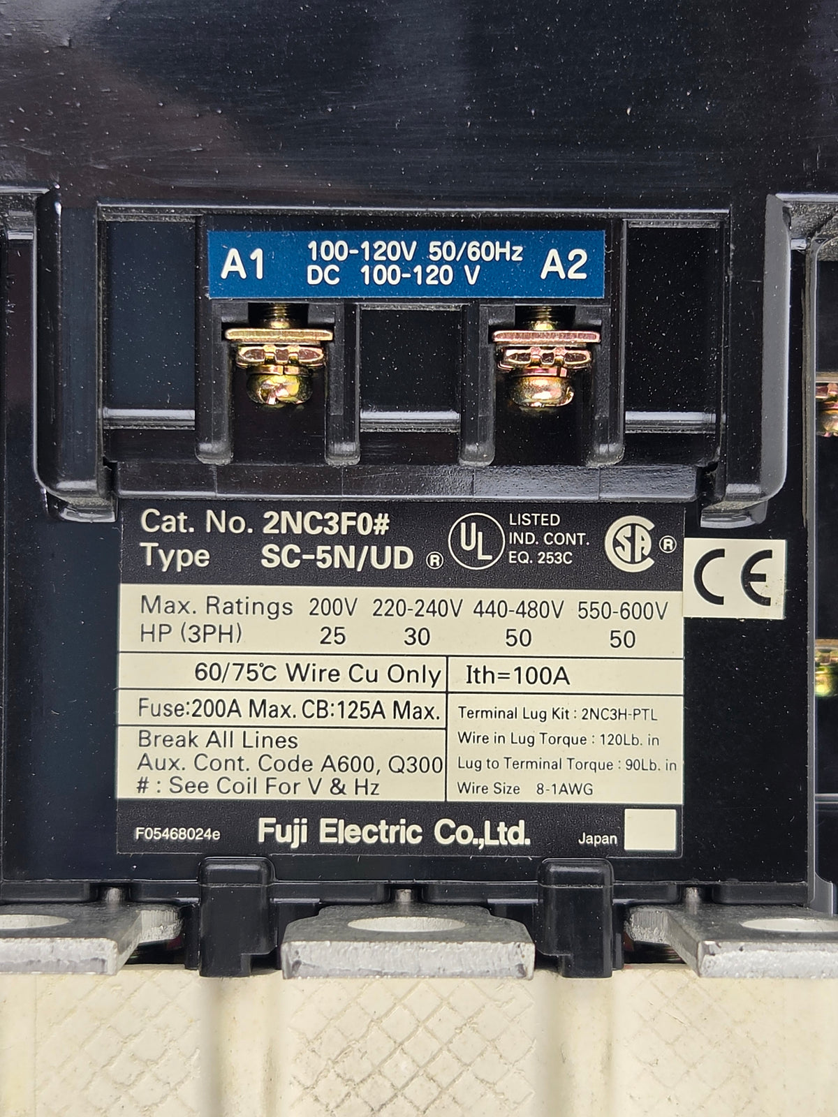 Fuji Electric 2NC3F0122 SC-5N/UD Magnetic Contactor 3PH 100A 100-120VAC/DC Coil