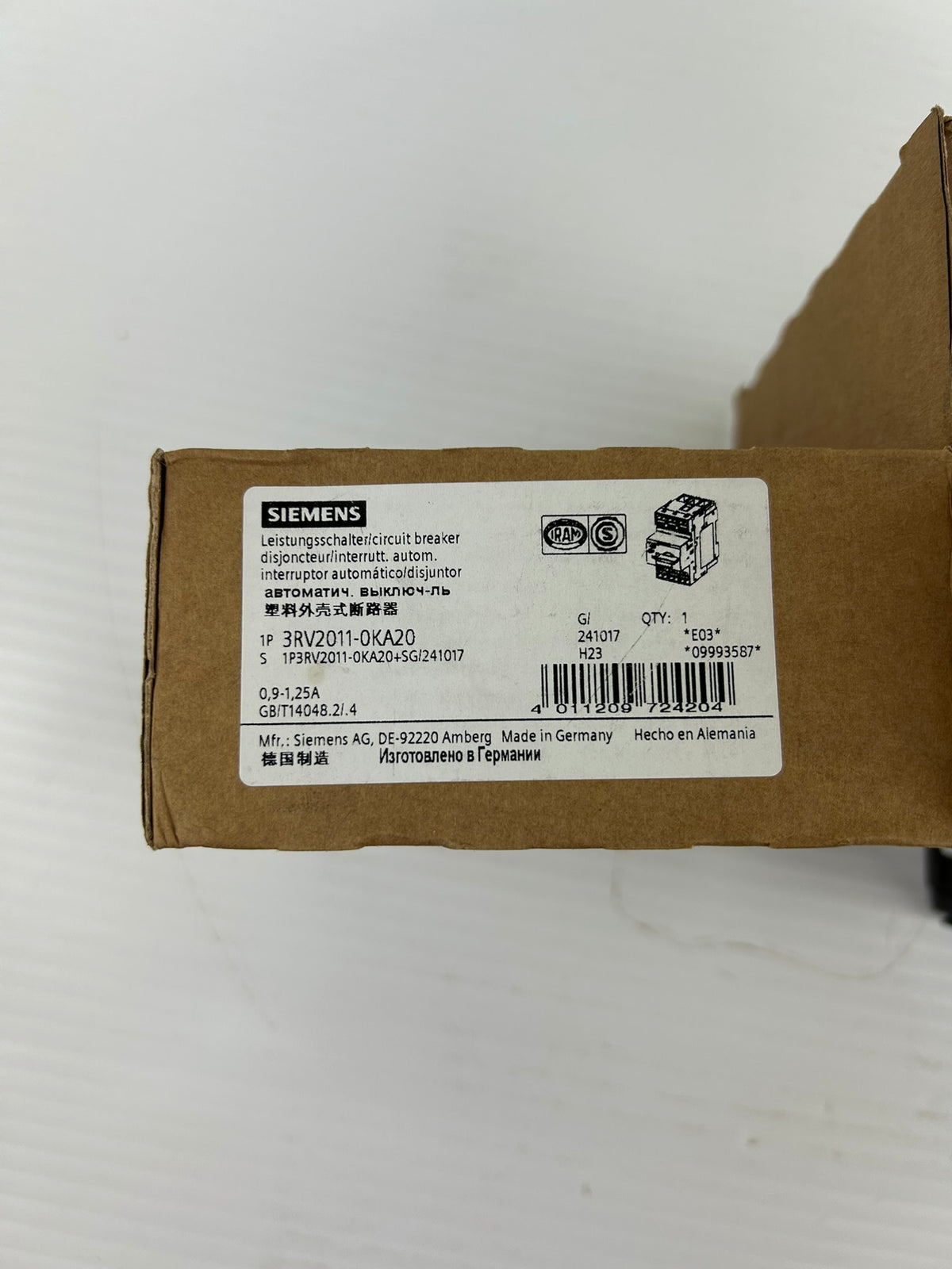 Siemens 3RV2011-0KA20 Circuit Breaker 0.9-1.25A