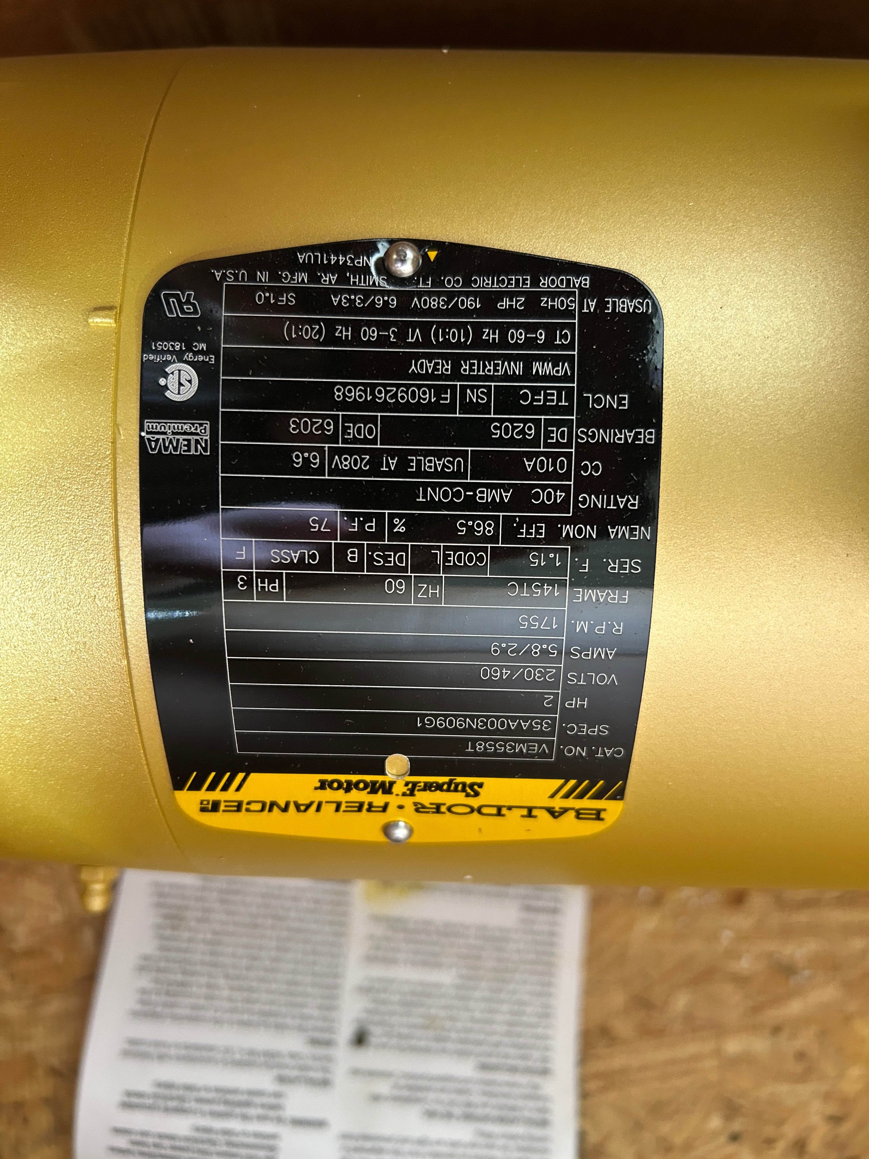 Baldor VEM3558T Super E Electric Motor 2HP 1755 RPM 230/460V 145TC 3PH