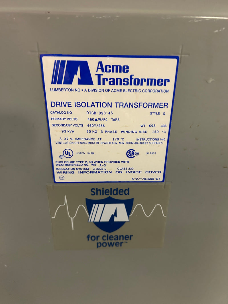 Acme Transformer DTGB-093-4S Drive Isolation Style G 93kVA 460V 460Y/266V 3PH