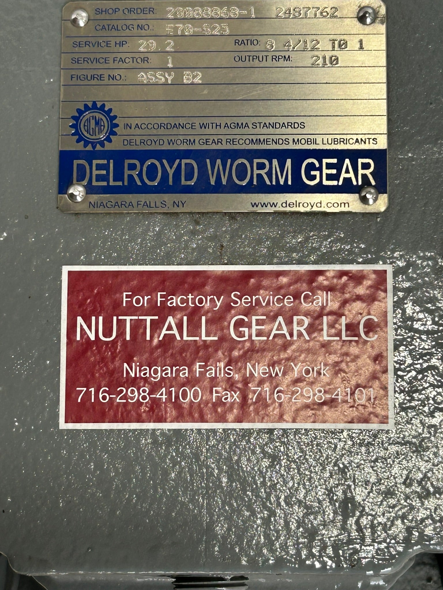 Delroyd E70-S25 Worm Gear Speed Reducer 29.2 HP 8 4/12 to 1 Ratio 1 SF 210 RPM