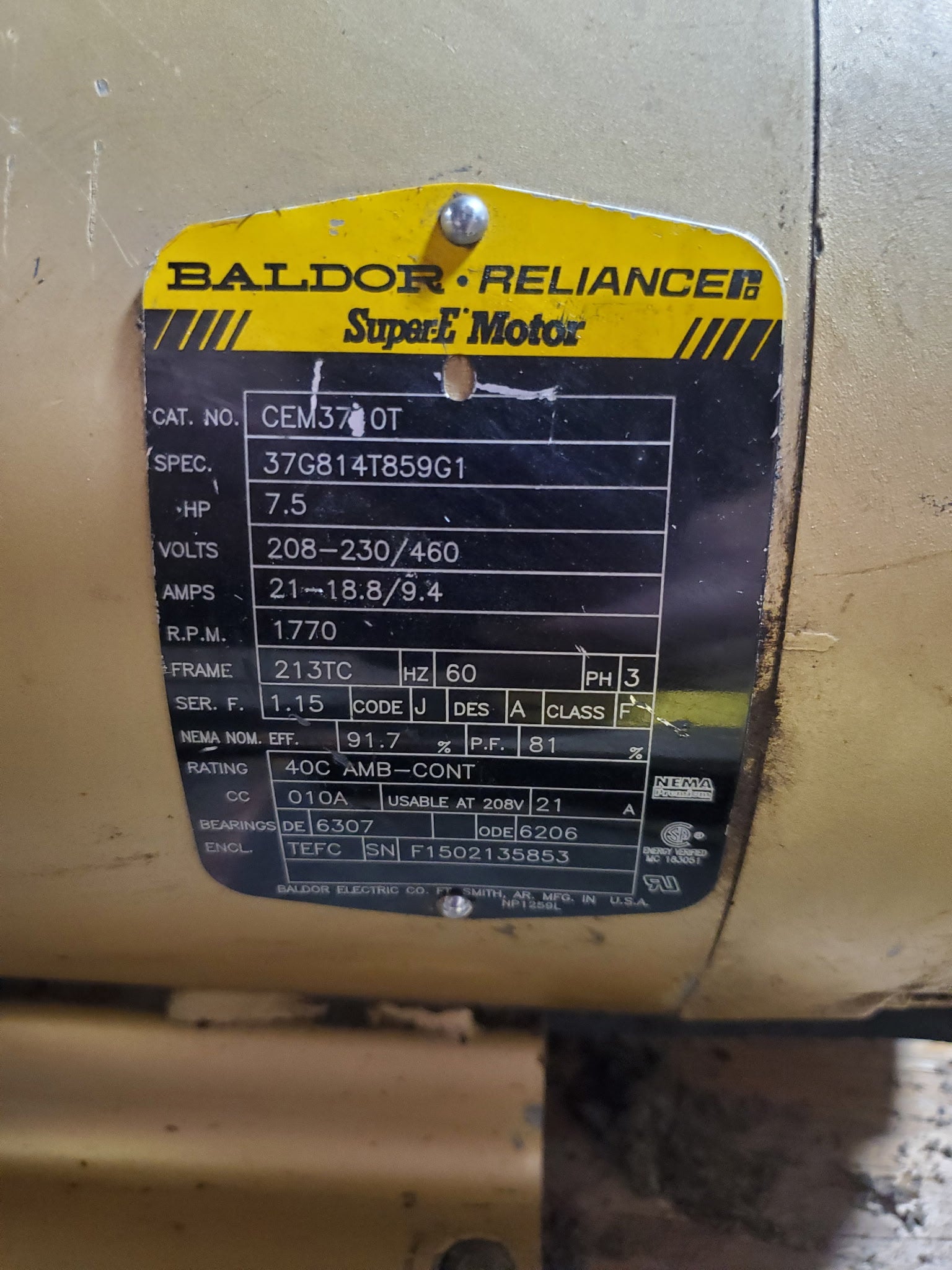 Baldor Reliance CEM3710T Super-E 7.5HP 3PH TEFC Electric Motor 208-230/460V