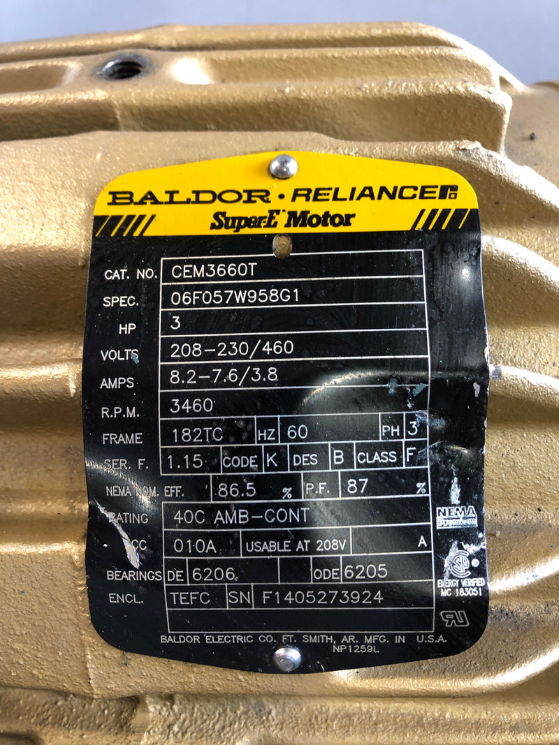 Baldor Reliance CEM3660T Super-E Motor 3HP 3460 RPM 182TC Frame 3PH