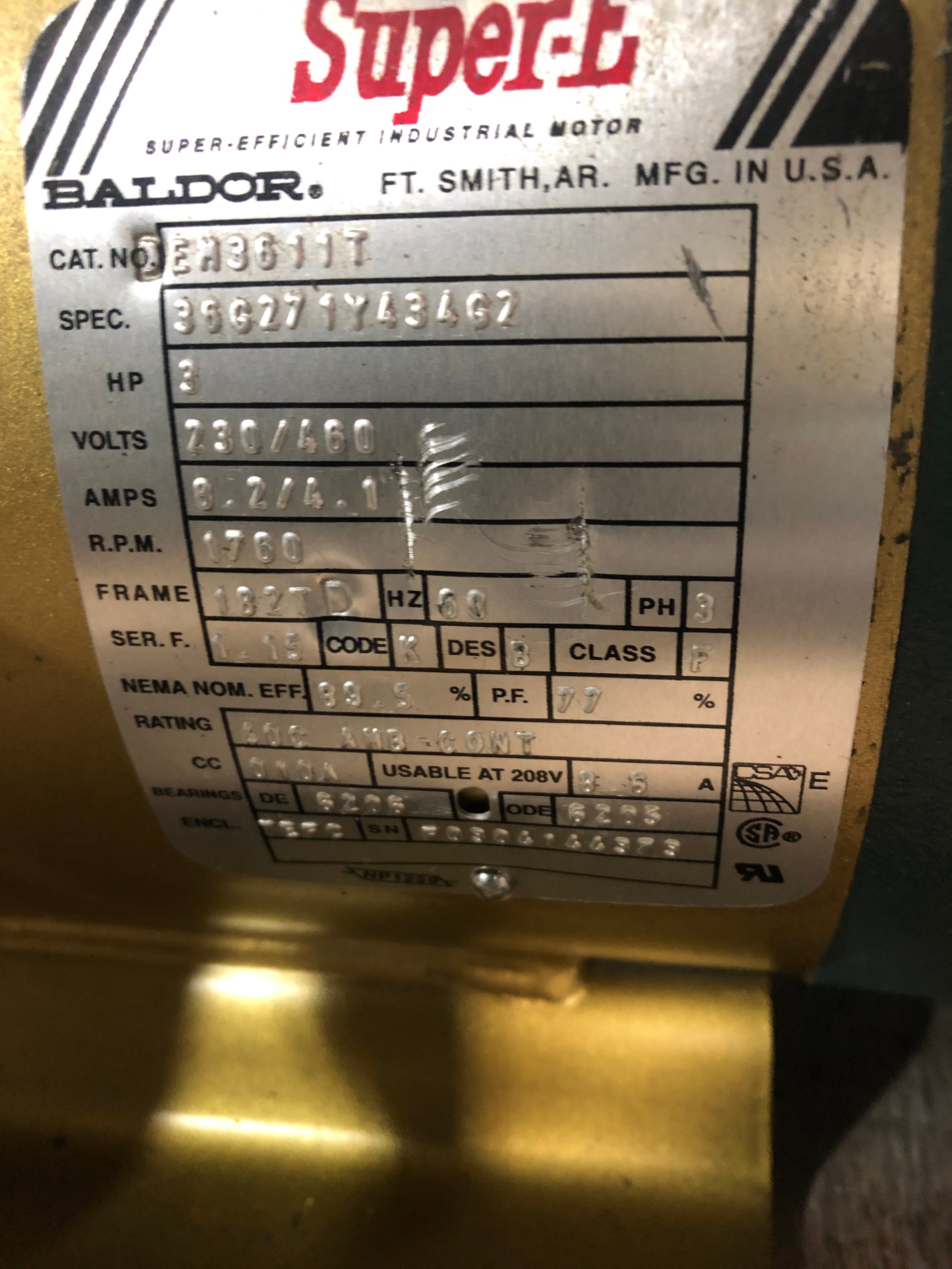 Baldor EM3611T Industrial Motor 3 HP 1760 RPM 182T Frame 3 PH