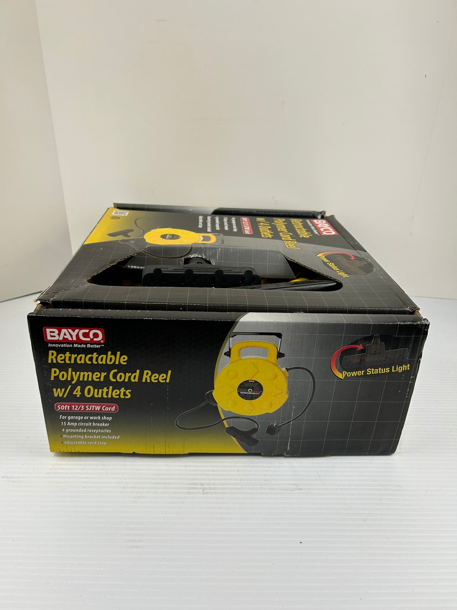 Bayco Retractable Polymer Cord Reel with 4 Outlets 50 Foot 12/3 SJTW Cord