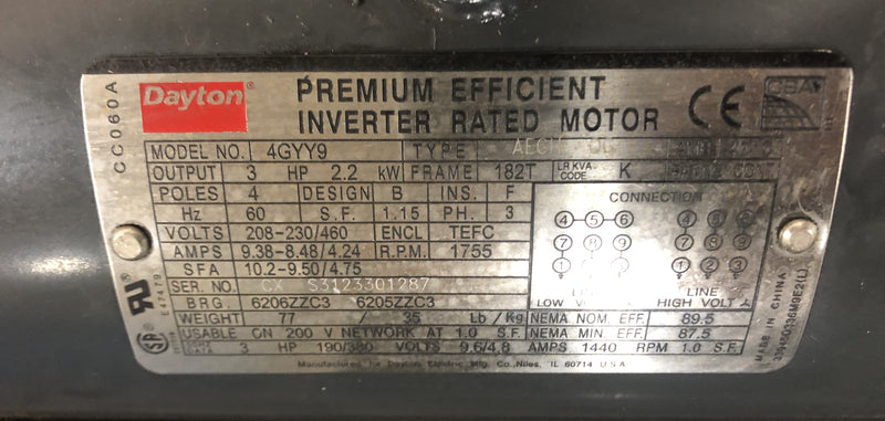 Dayton 4GYY9 Premium Efficient Inverter Motor 3HP 1755 RPM 182T Frame