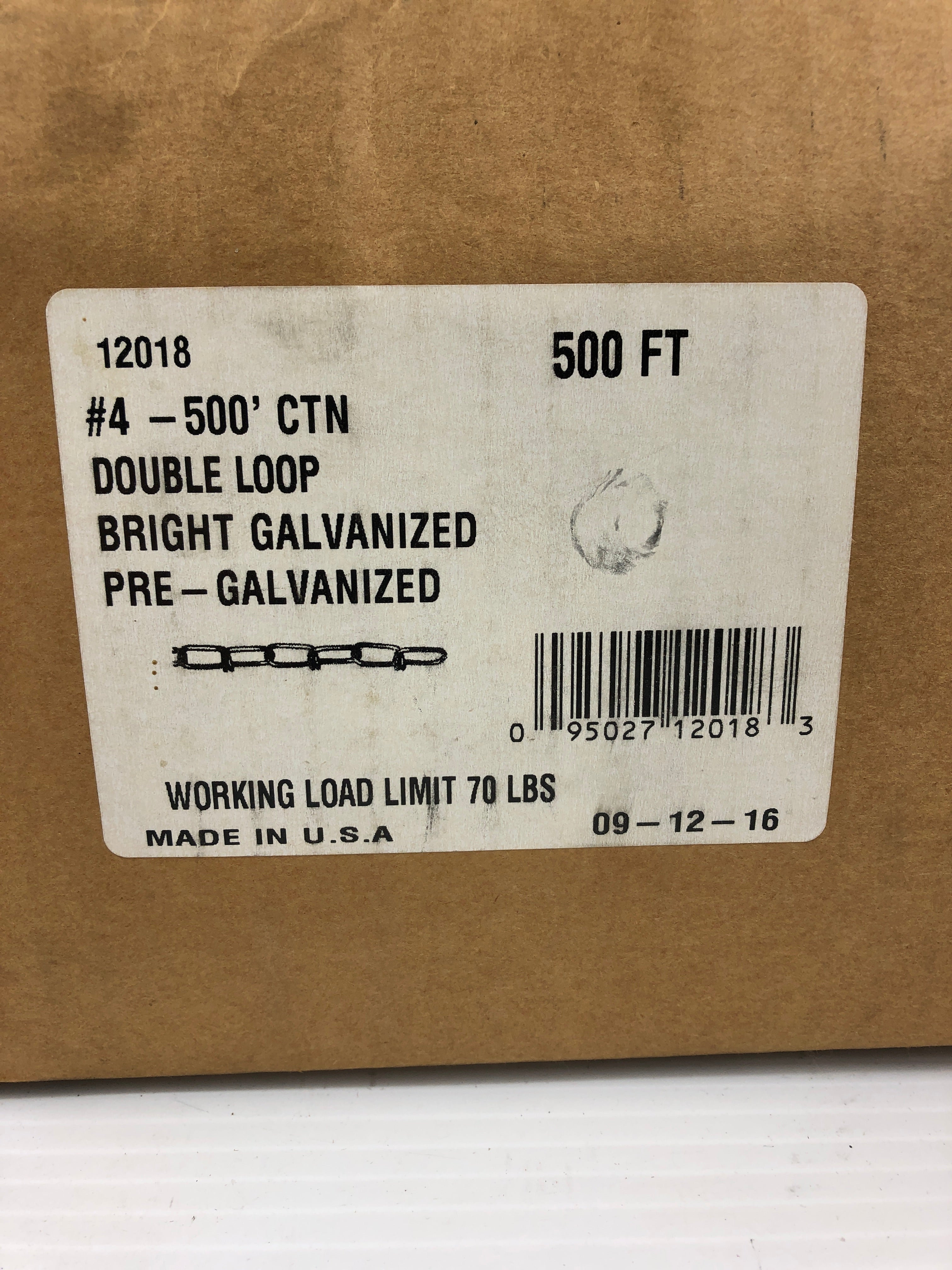 Double Loop Chains 500' Bright Galvanized 12018 Pre-Galvanized WLL 70# Size #4