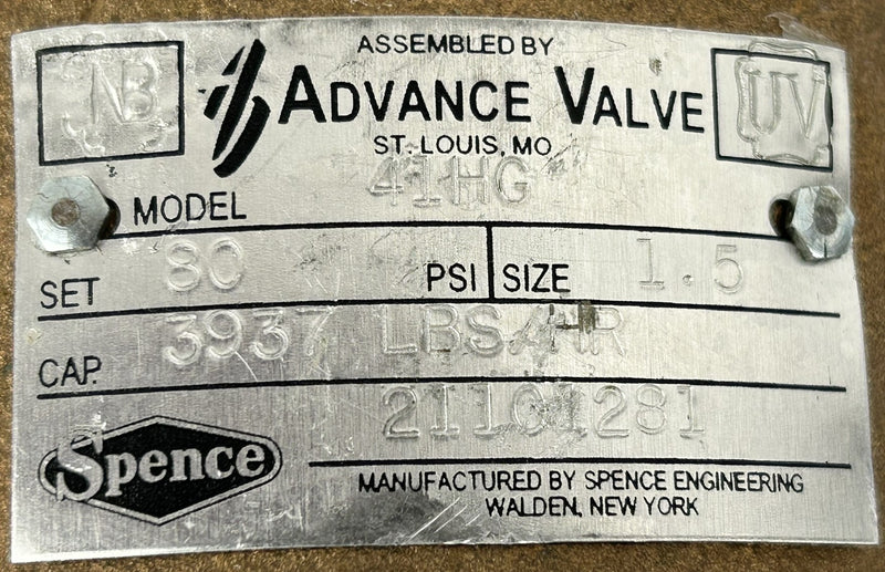 Spence Advance Valve 41HG Valve 1.5" 80 PSI 3937 Lbs/Hr