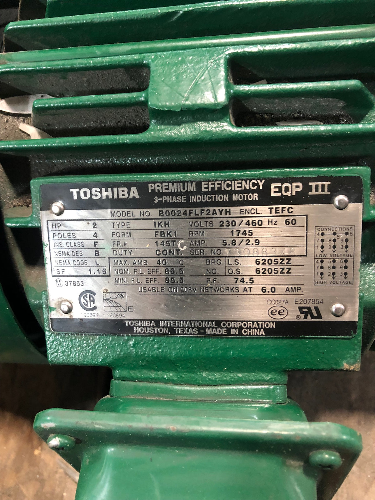Toshiba B0024FLF2AYH Premium Efficienc Motor 2 HP 230/460 Volts 60 Hz 1745 RPM