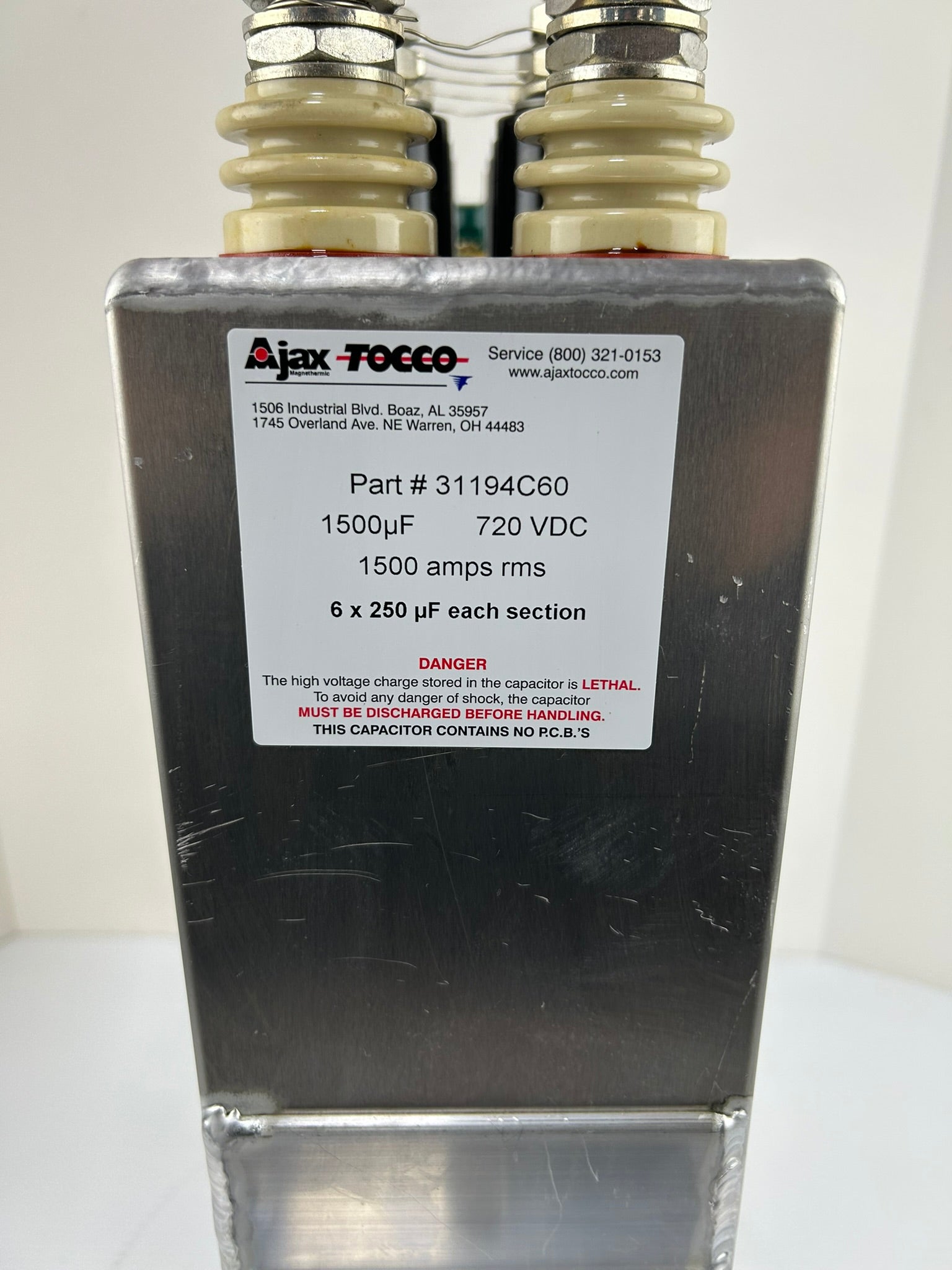 Ajax TOCCO 31194C60 1500uF 720VDC High Energy Capacitor Assembly