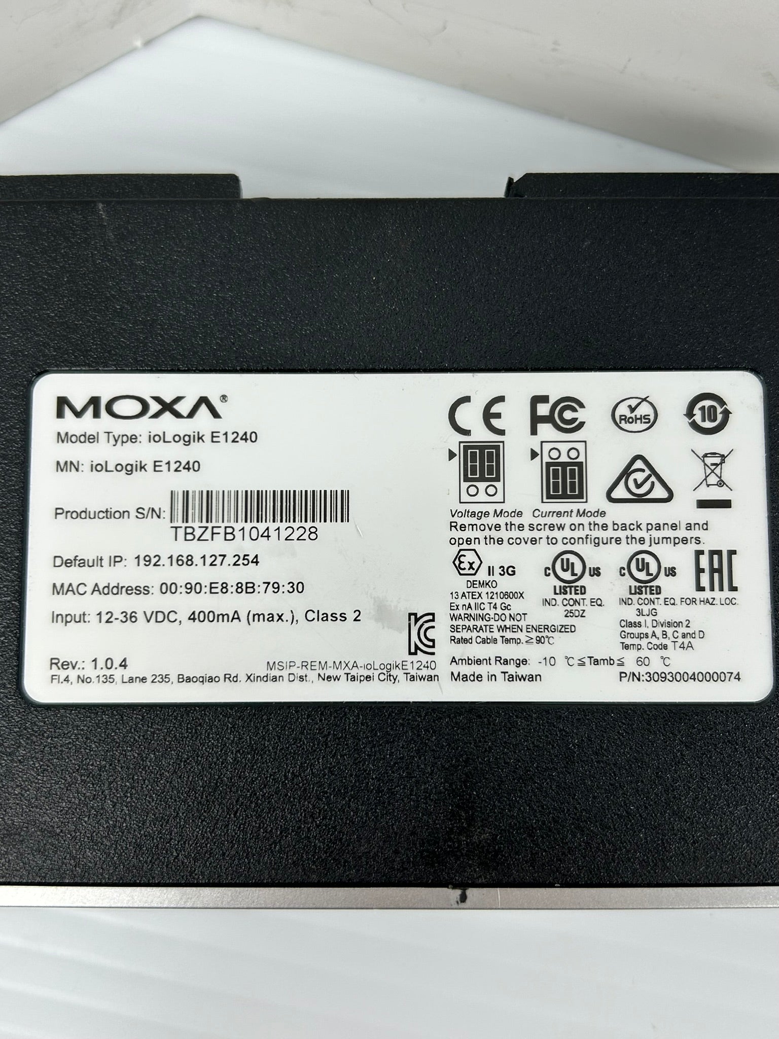 Moxa ioLogik E1240 Remote Ethernet I/O Module Rev 1.0.4 12-36VDC 400mA