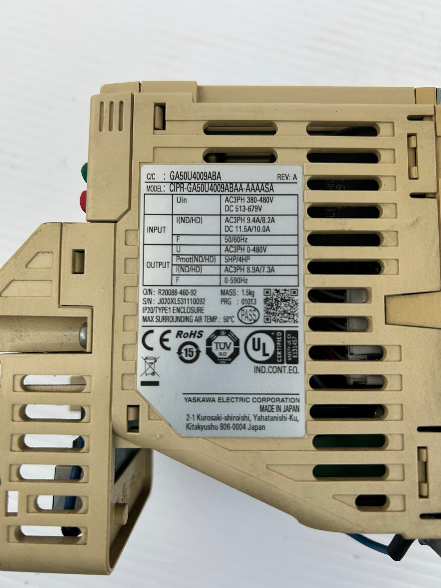 Yaskawa Electric CIPR-GA50U4009ABAA-AAAASA Industrial AC Micro Drive Rev A