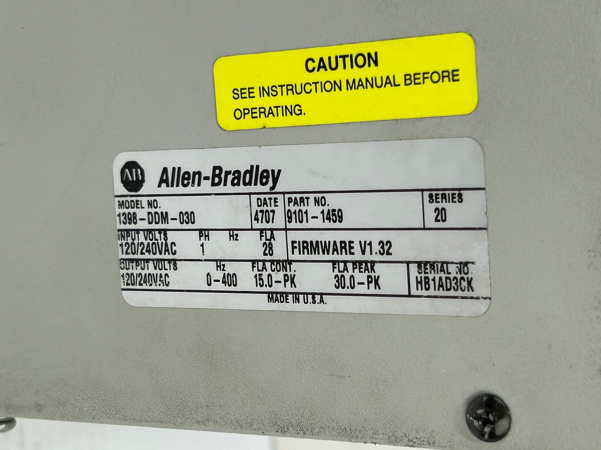 Allen Bradley 1398-DDM-030 Ultra Series Servo Drive 9101-1459 Series 20 1PH