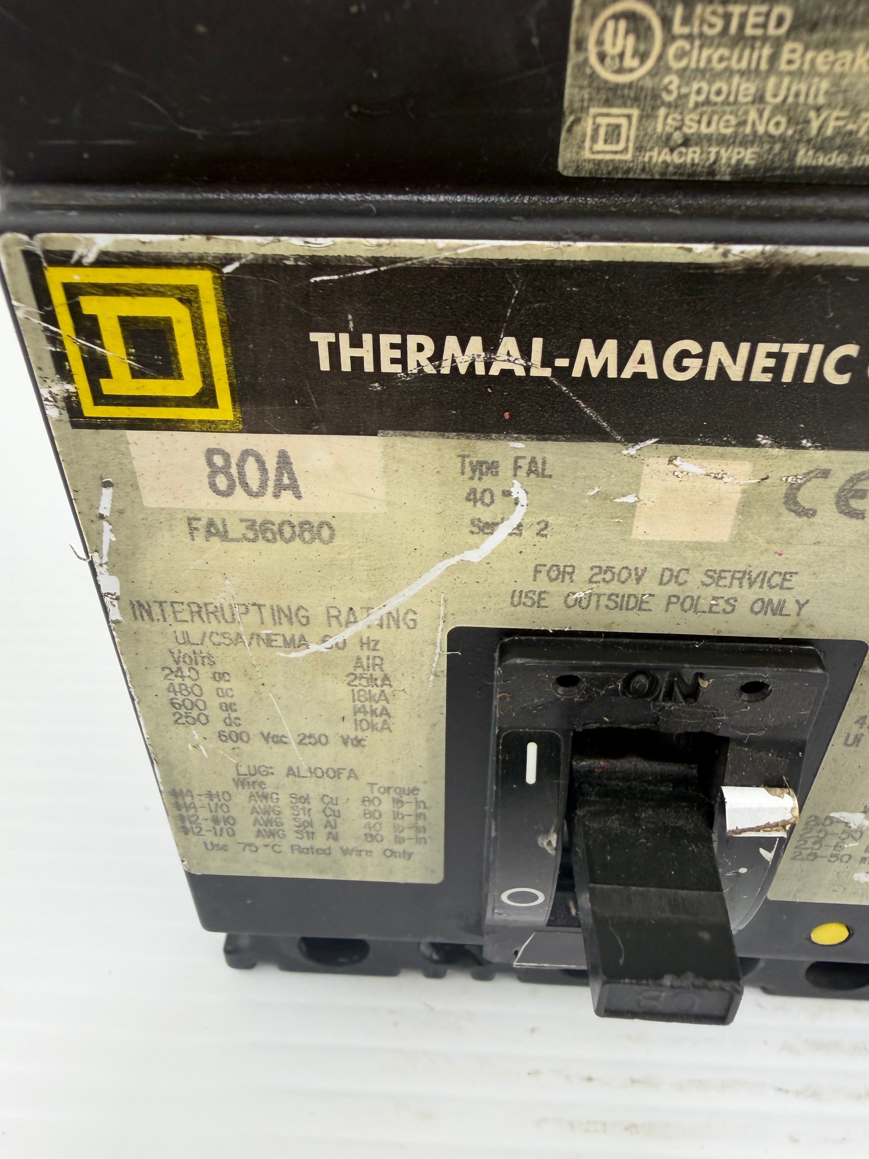 Square D Circuit Breaker FAL36080 80 Amp 600 VAC 250 VDC 240/480 V