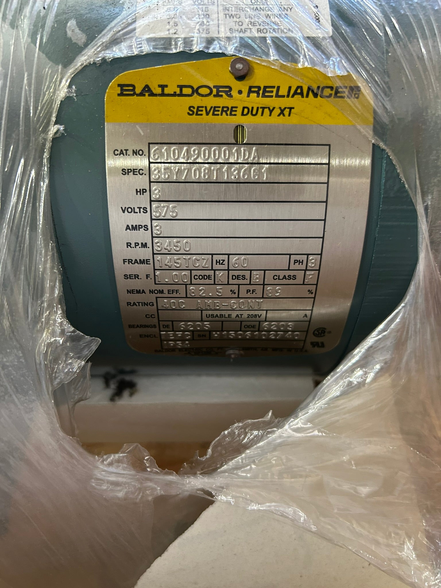 Baldor Reliance 610490-1DA Blower Motor 3HP 575V 3450RPM 3PH 145TCZ 610490001DA