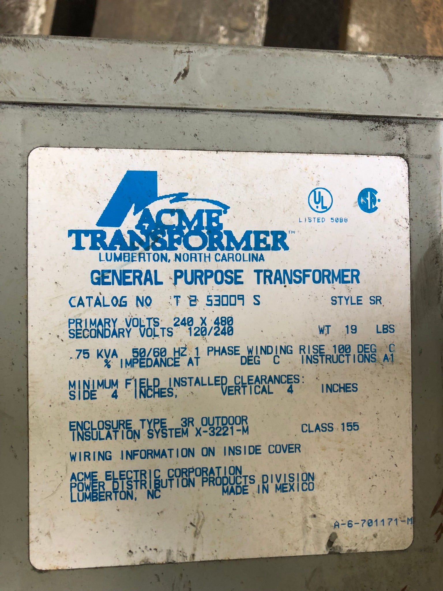 Acme Transformer T253009S General Purpose Transformer Single Phase
