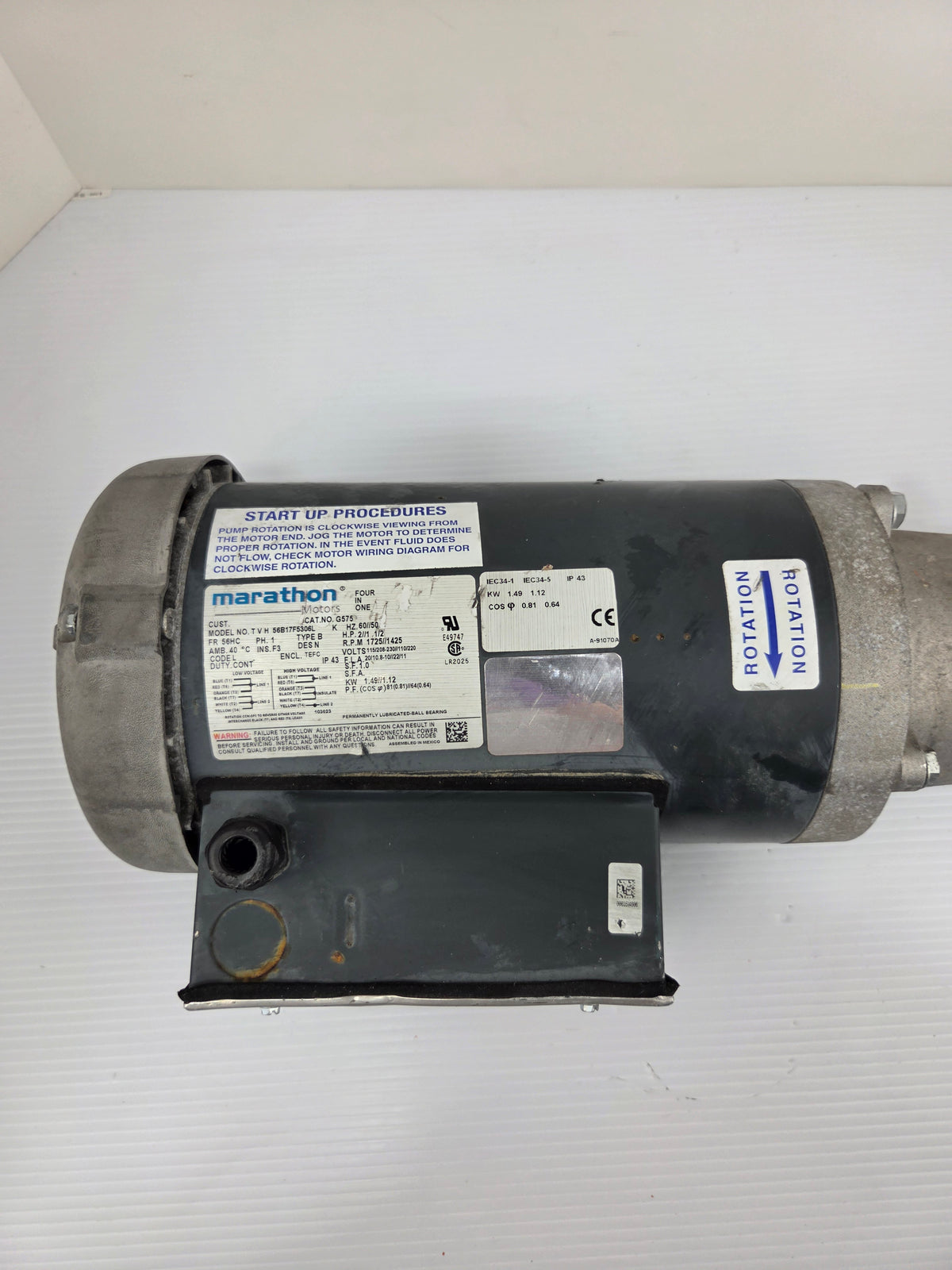 Marathon G575 2HP 1725 RPM 1PH Motor TVH56B17F5306L with Pump Assembly 115/230V
