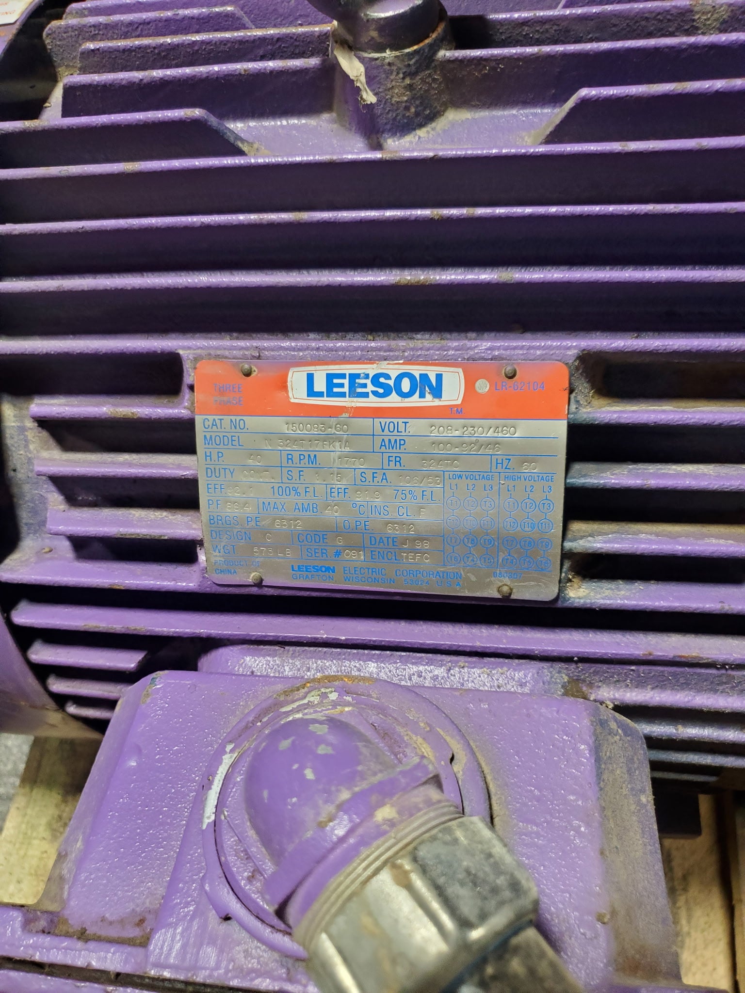 Leeson 150088-60 Electric Motor 40HP 3PH 1770RPM Belt Drive Clutch Assembly