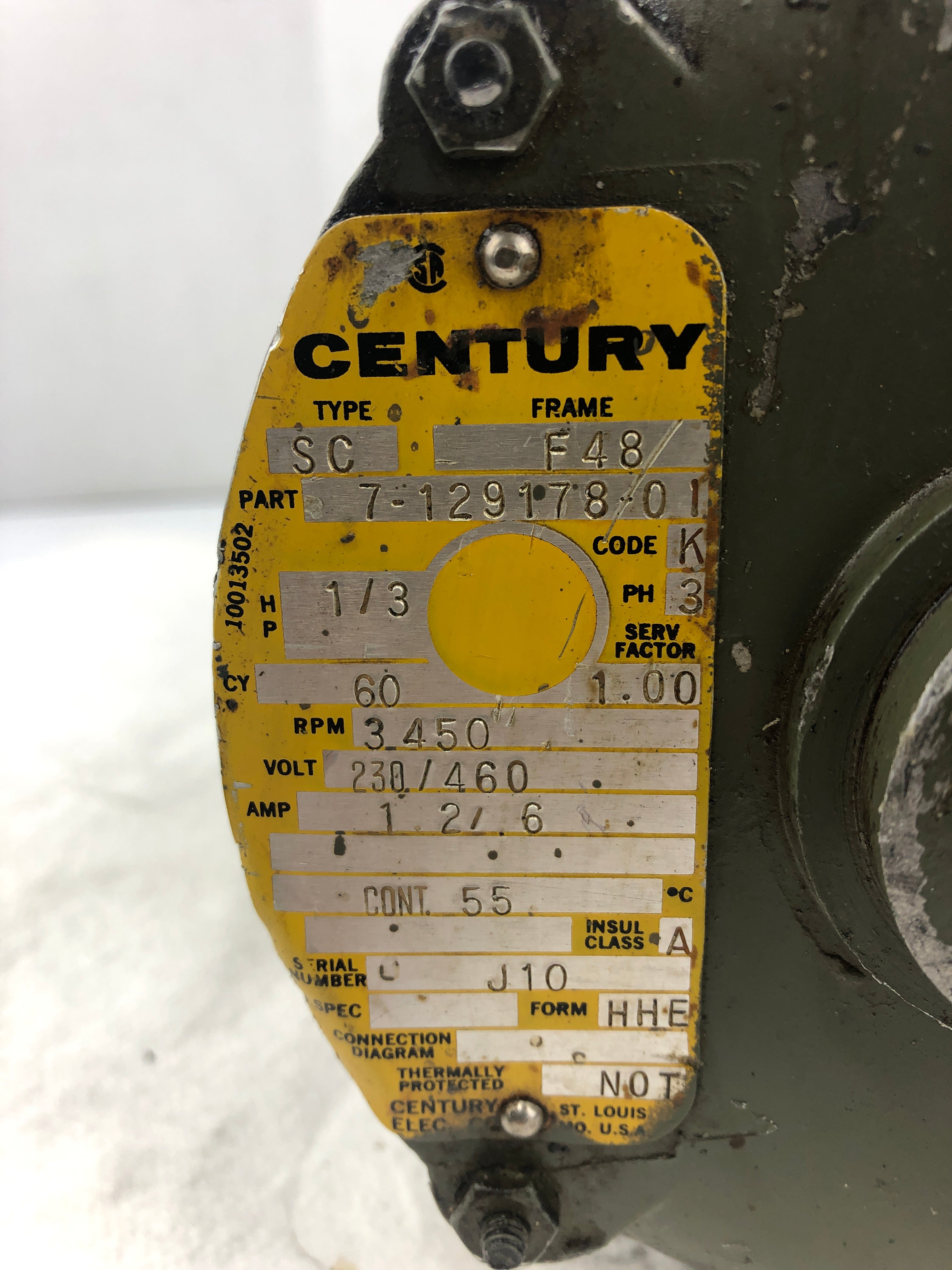 Century 1/3 HP Motor 7-129178-01 3450 RPM F48 Frame SC Type 3PH