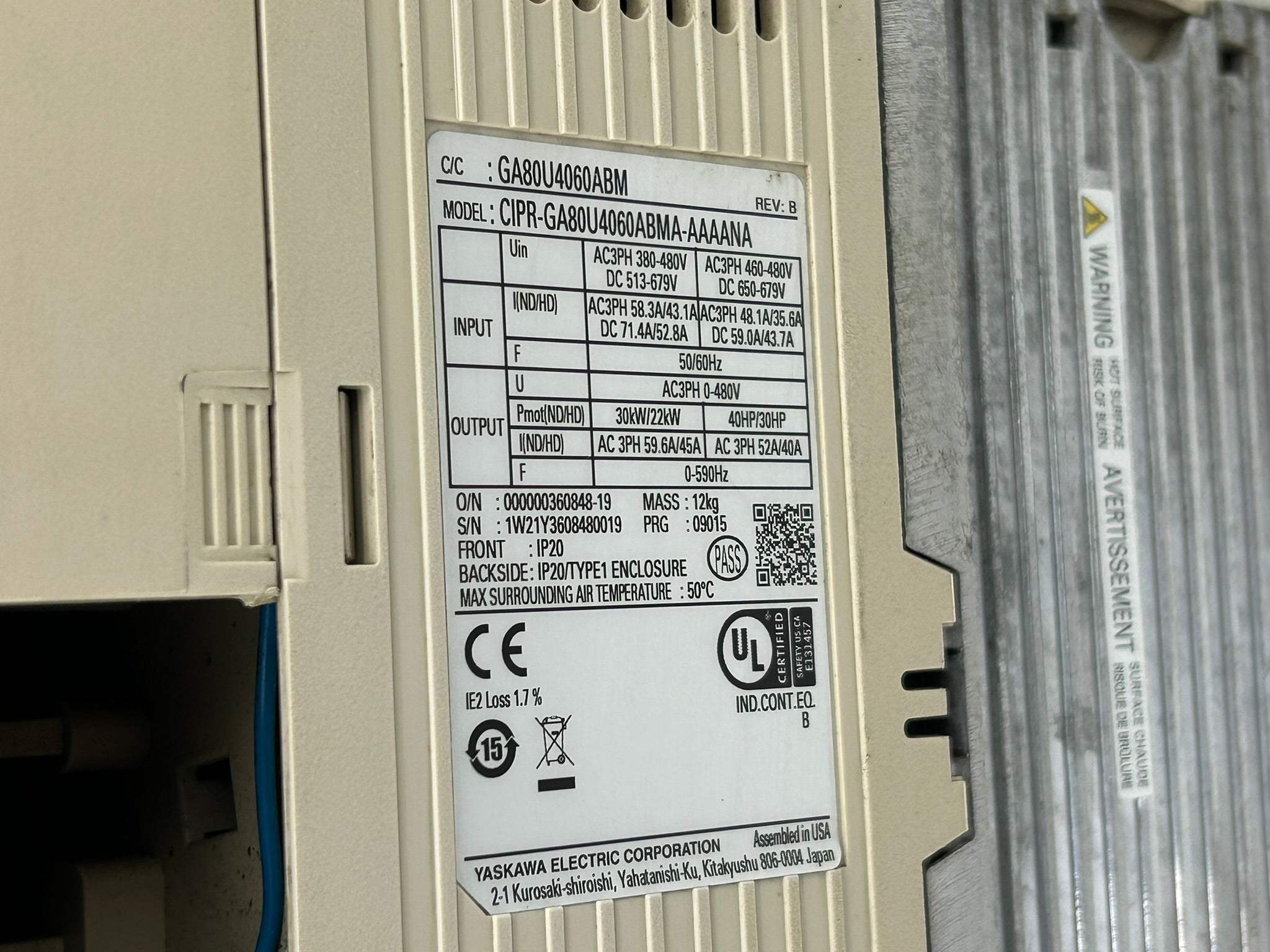 Yaskawa Electric GA80U4060ABM AC Drive Rev B CIPR-GA80U4060ABMA-AAAANA GA800