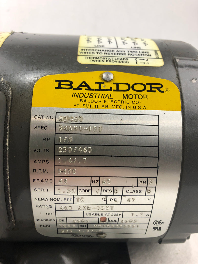 Baldor M3457 Industrial Motor 1/3HP 3450 RPM 3PH