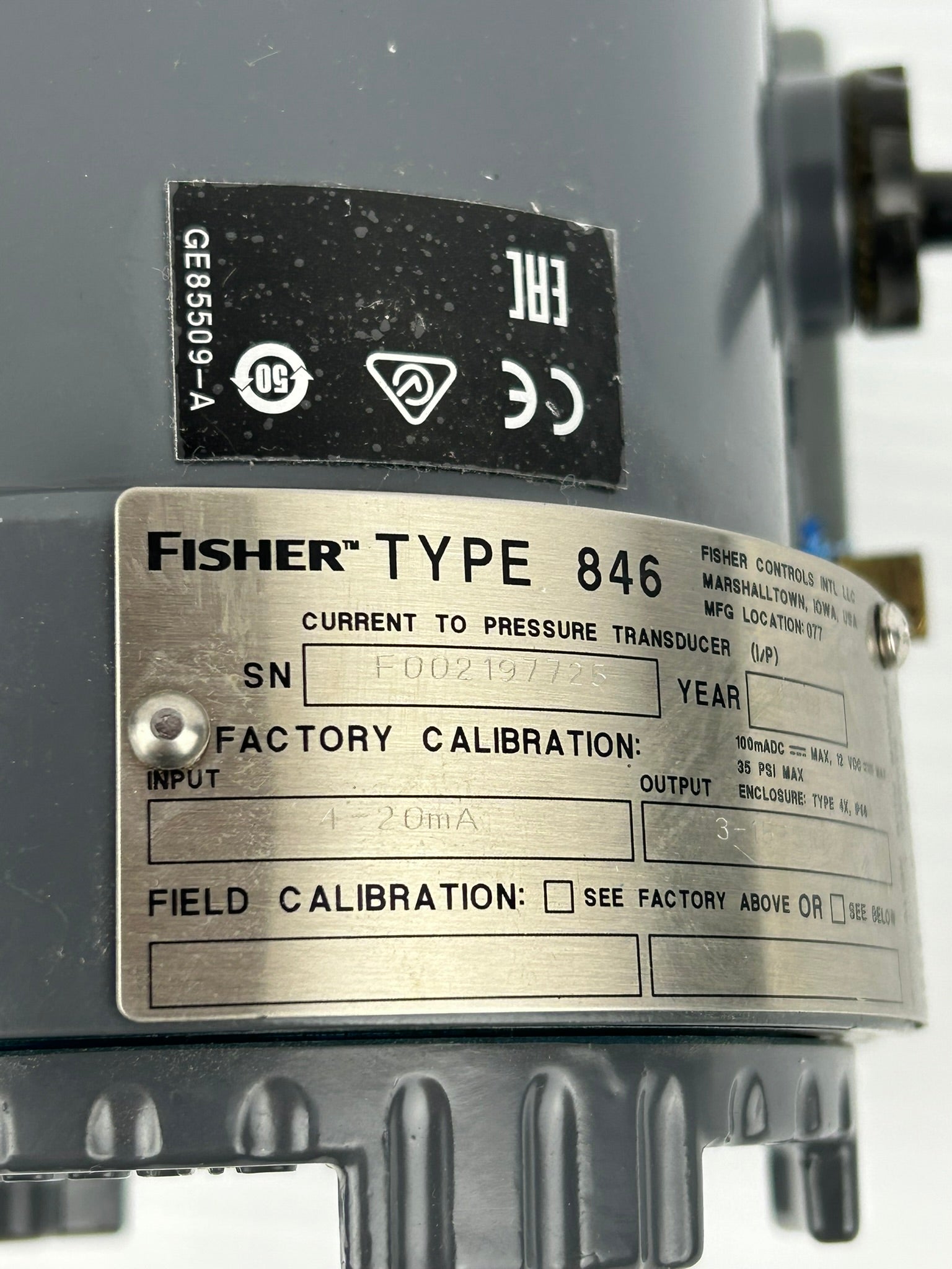 Fisher 846 Current to Pressure Transducer Input 4-20mA Output 3-15 PSIG