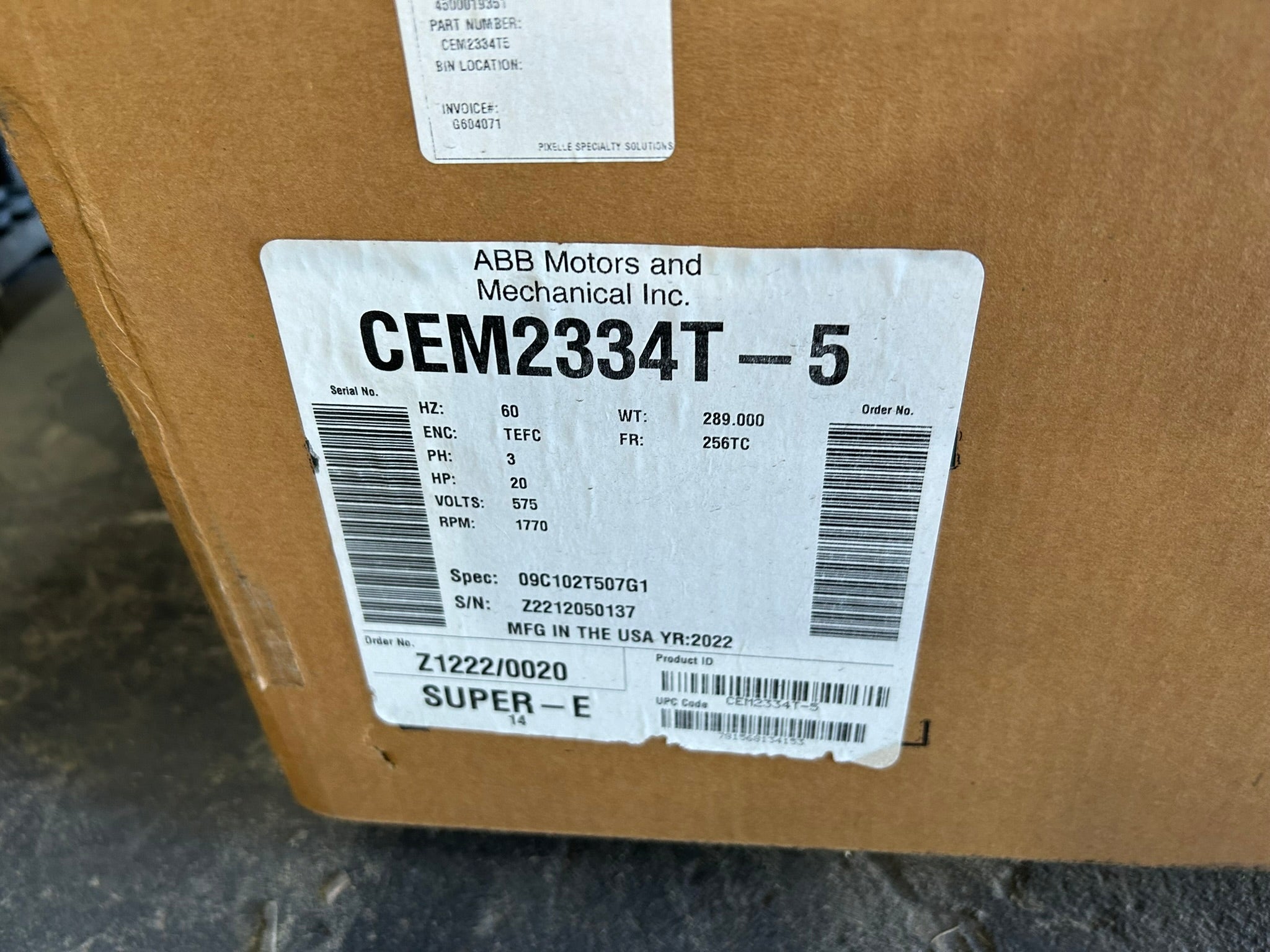 Baldor Reliance CEM2334T-5 20 HP 575V 3PH 1770 RPM 256TC TEFC Super-E AC Motor