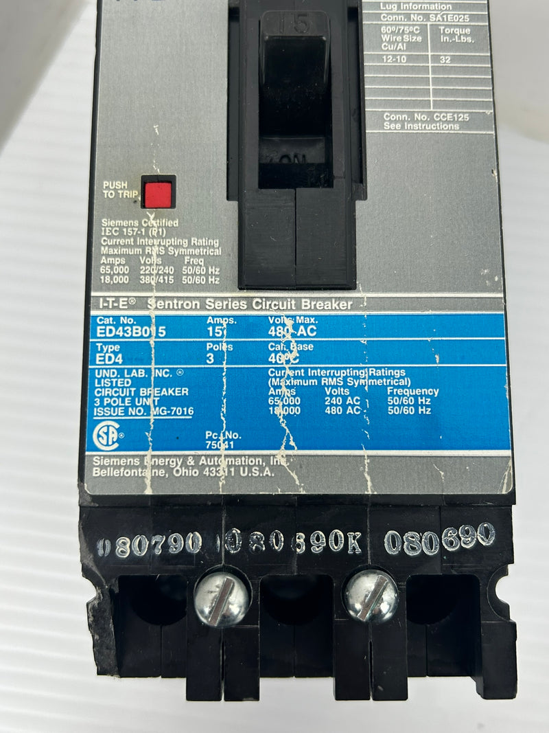 Siemens ED43B015 I-T-E Circuit Breaker Sentron Series Type ED4 480V 15A 3P