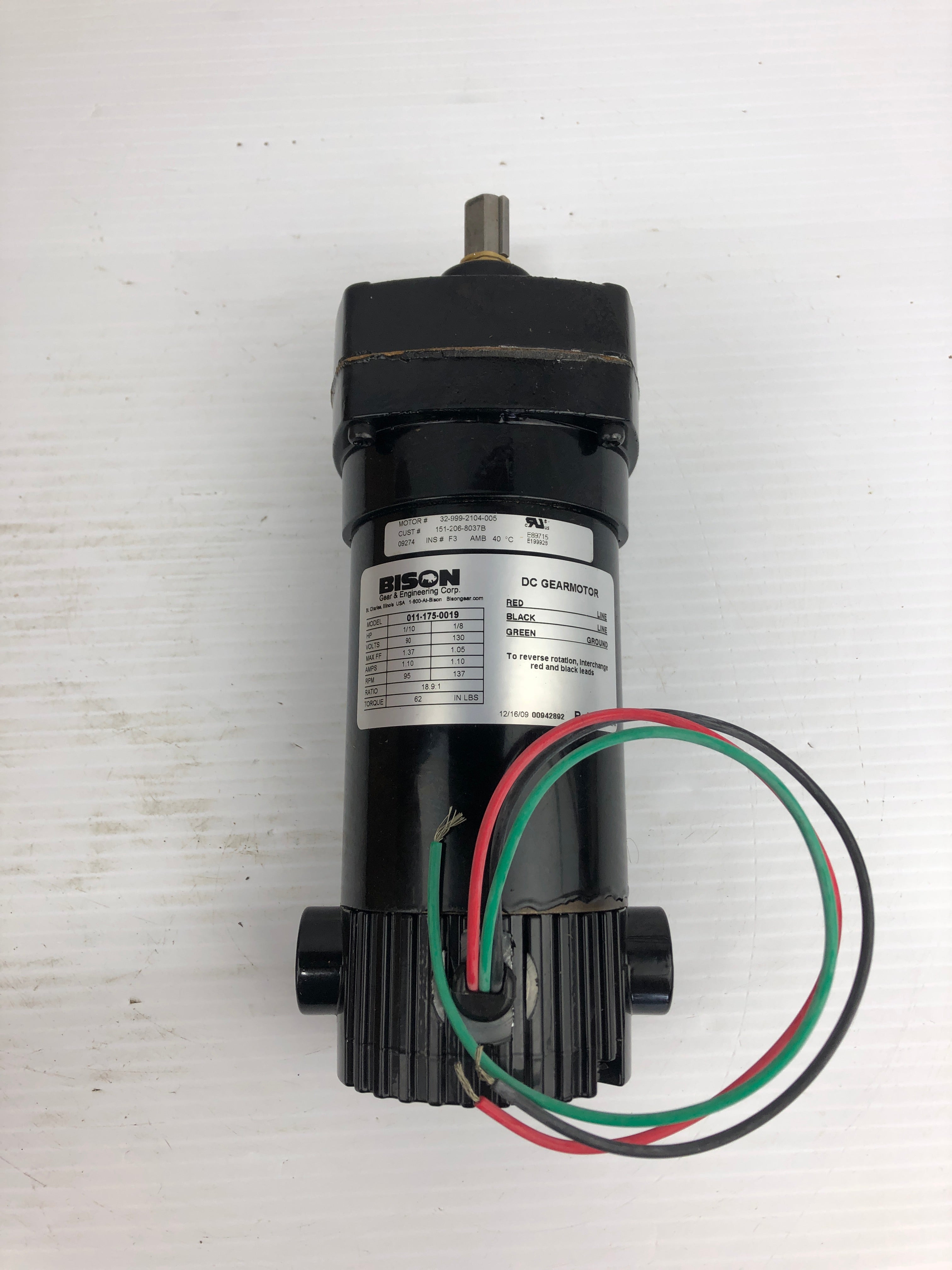 Bison 011-175-0019 Gear Motor 18.9:1 Ratio 1/10HP 1/8HP 95/137 RPM 90/130V 1.10A