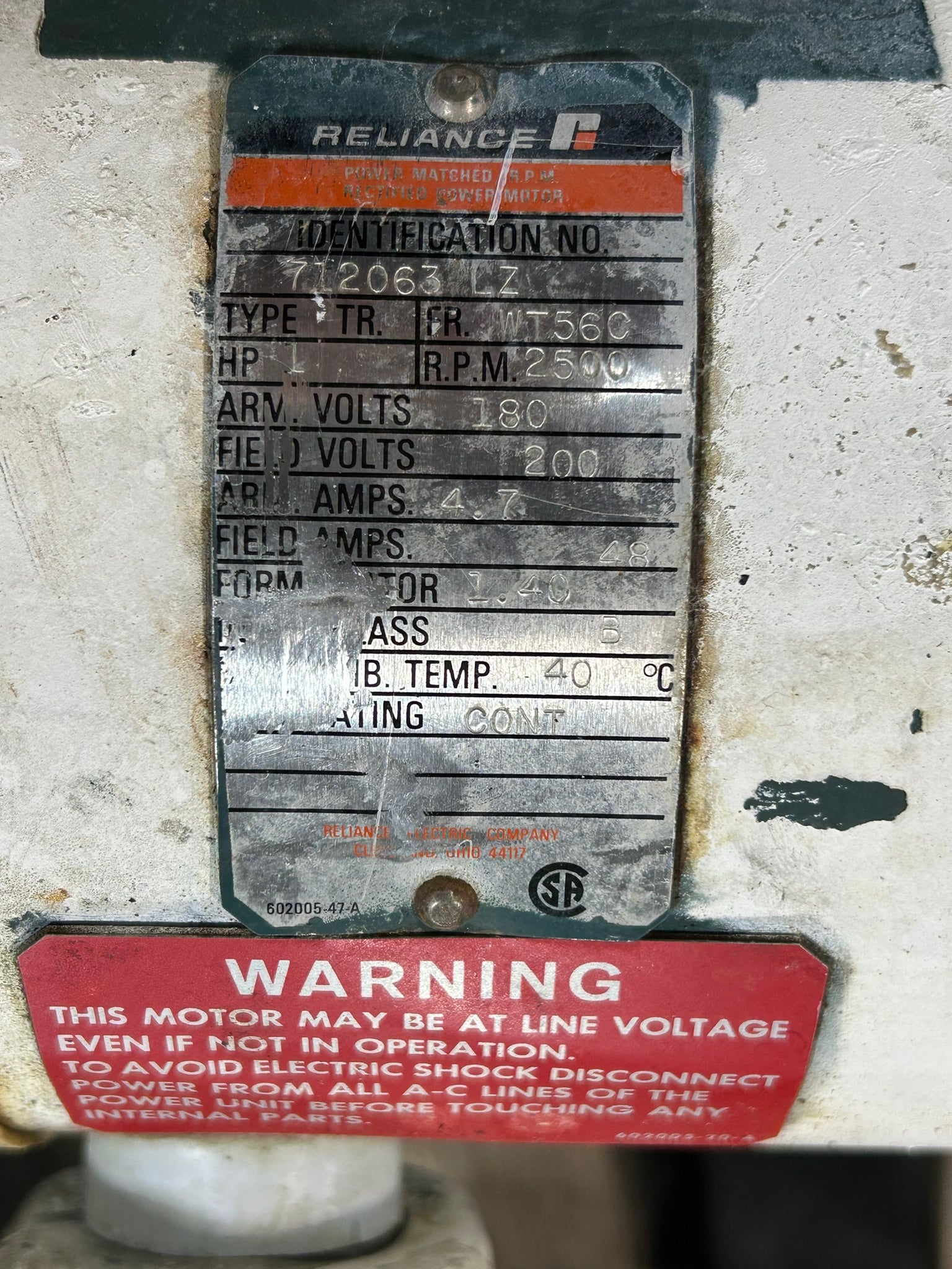 Reliance Electric 712063LZ Motor Type TR Frame WT560 HP 1 RPM 2500