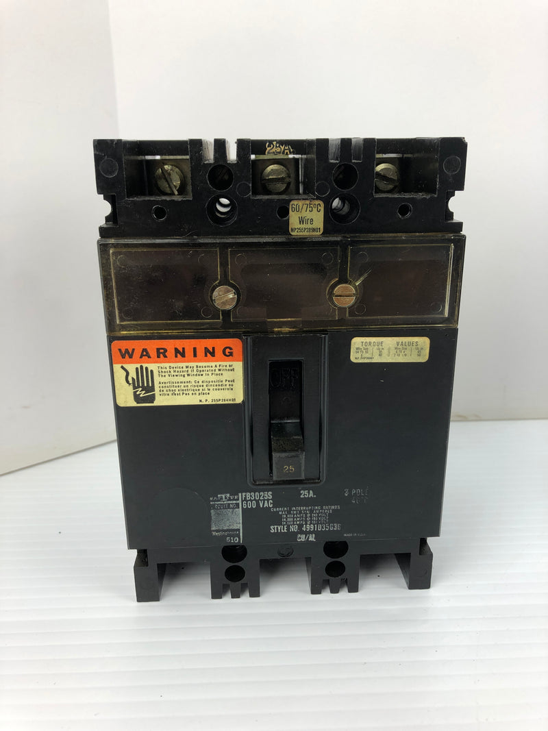 Westinghouse FB3025S Circuit Breaker 25A 600VAC 3P