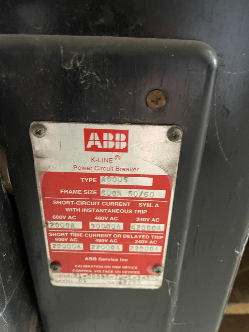 ABB K600S K-Line Power Circuit Breaker 600A 50/60 600VAC K-600S with SS3 Trip