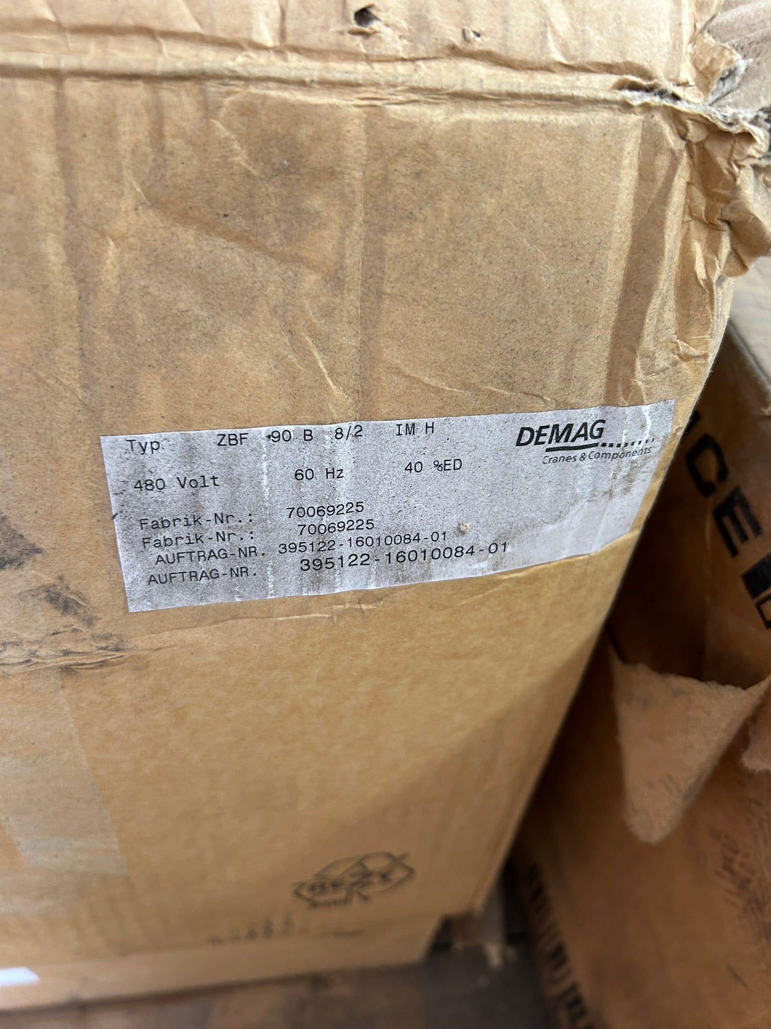 DEMAG ZBF 90 B 8/2 IM H 480V 60Hz Two-Speed Brake Motor Crane Hoist 16010084