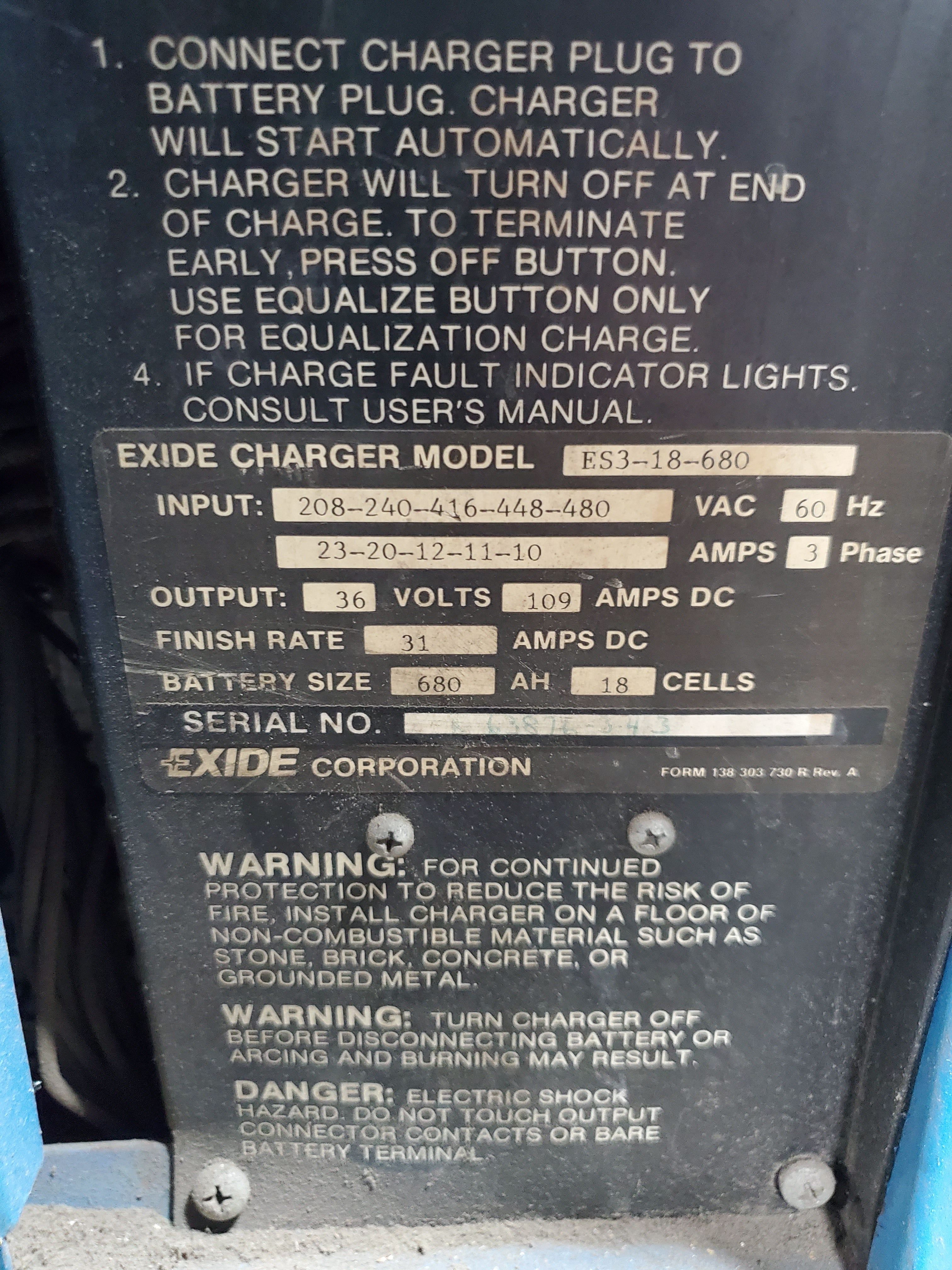 Exide System 3000 Battery Charger ES3-18-680 3 Phase 60 Hz