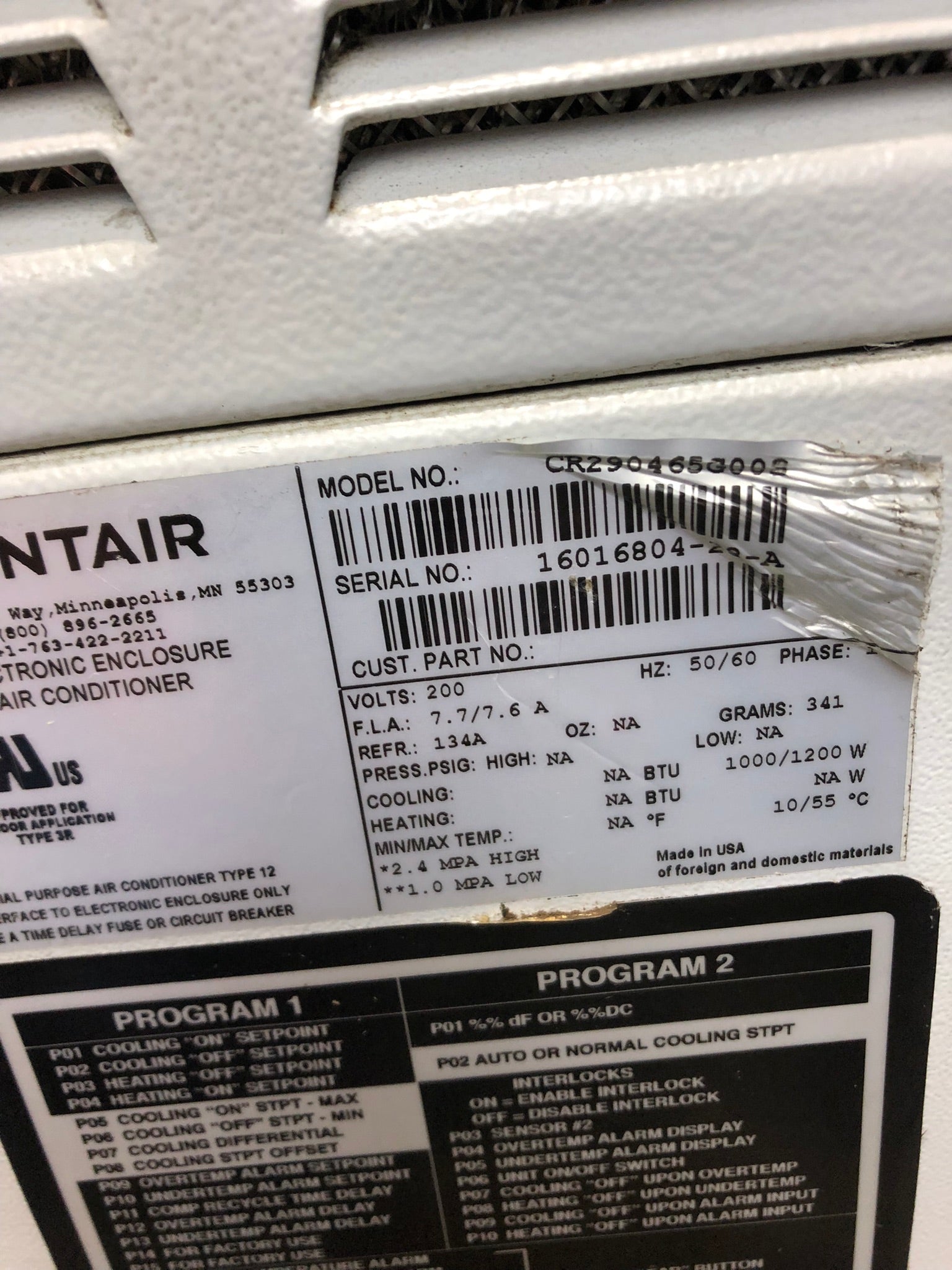 Pentair CR290465G003 Electrical Enclosure Air Conditioner 200V 1 Phase 50/60Hz