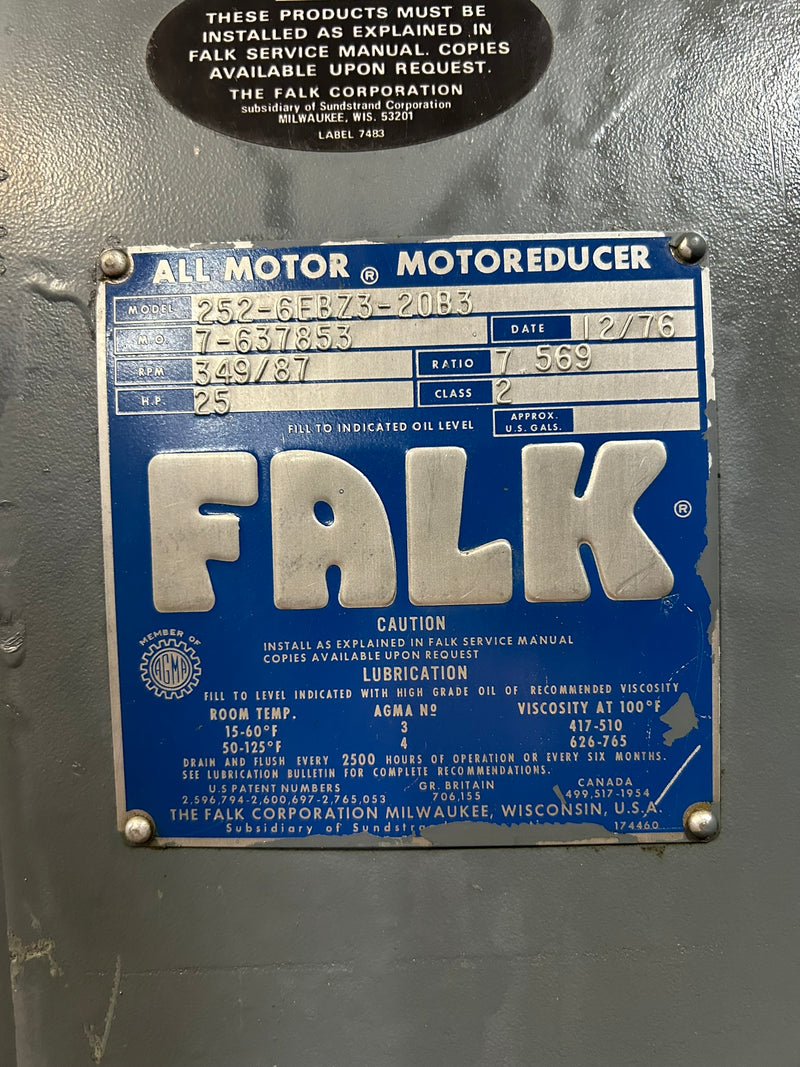 Falk 252-6EBZ3-20B3 All Motor Gear Drive Speed Reducer 25HP 349/87RPM 7.569Ratio