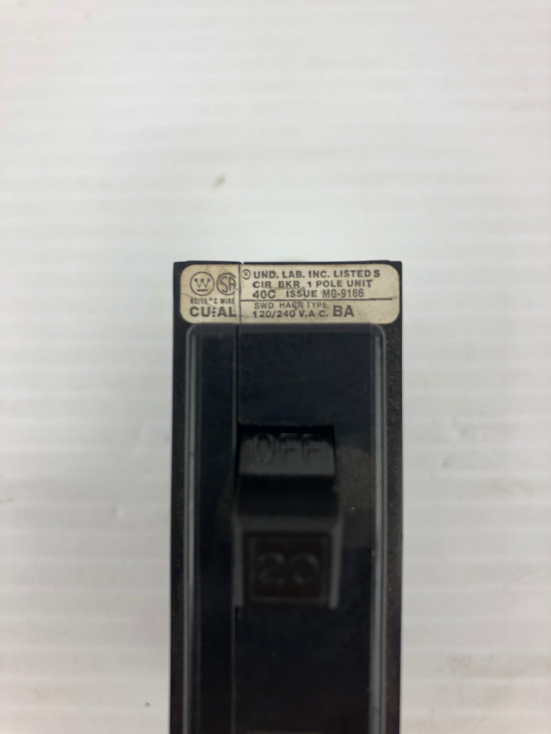 Westinghouse MG-9166 Quick Lag 1 Pole Circuit Breaker 20 Amp 40C