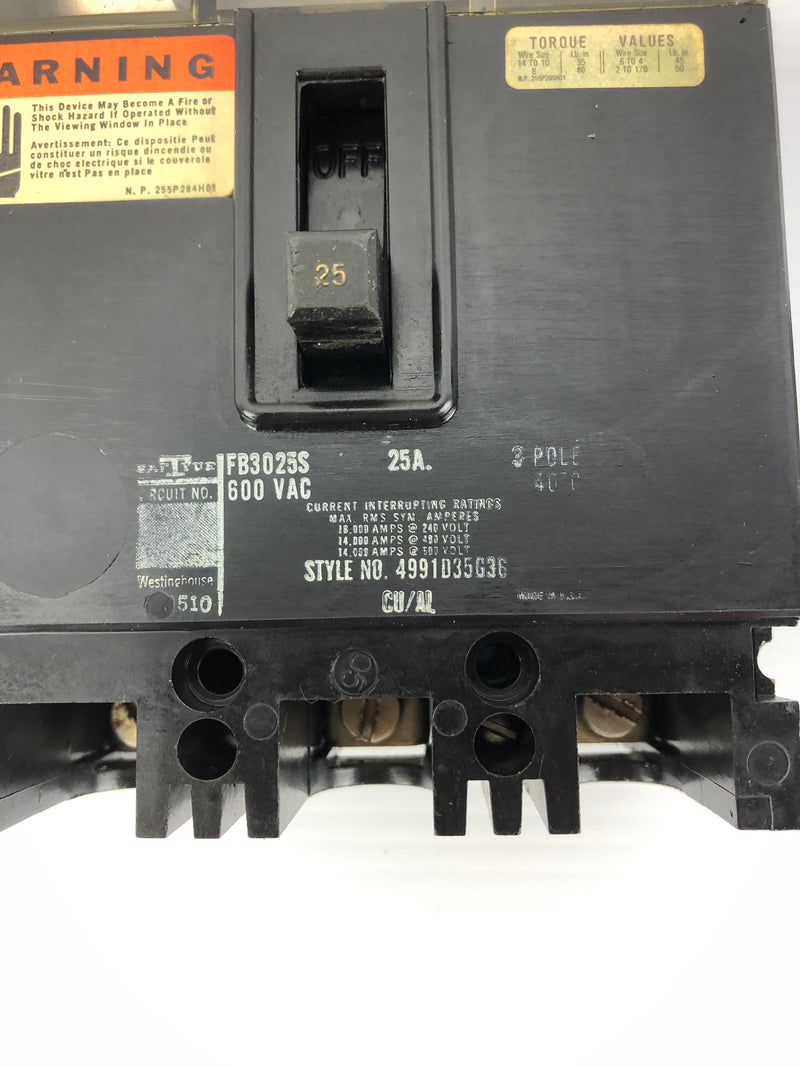 Westinghouse FB3025S Circuit Breaker 25A 600VAC 3P