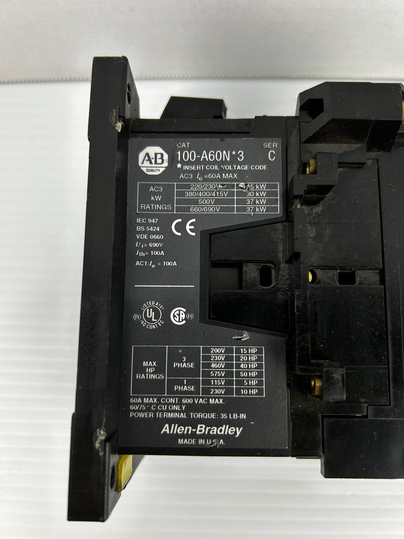 Allen-Bradley 100-A60N*3 Contactor Ser. C 50HP 3PH With 195-GA10 Aux. Contact