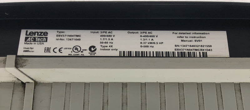 Lenze AC Tech ESV371N04TMC SMV Inverter Drive Type 4X - Missing Switch