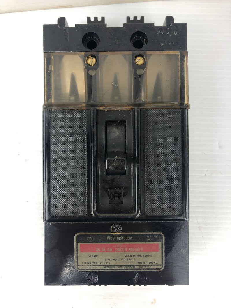 Westinghouse AB DE-ION F3020S Circuit Breaker 314C194G17 20A 3P 600V