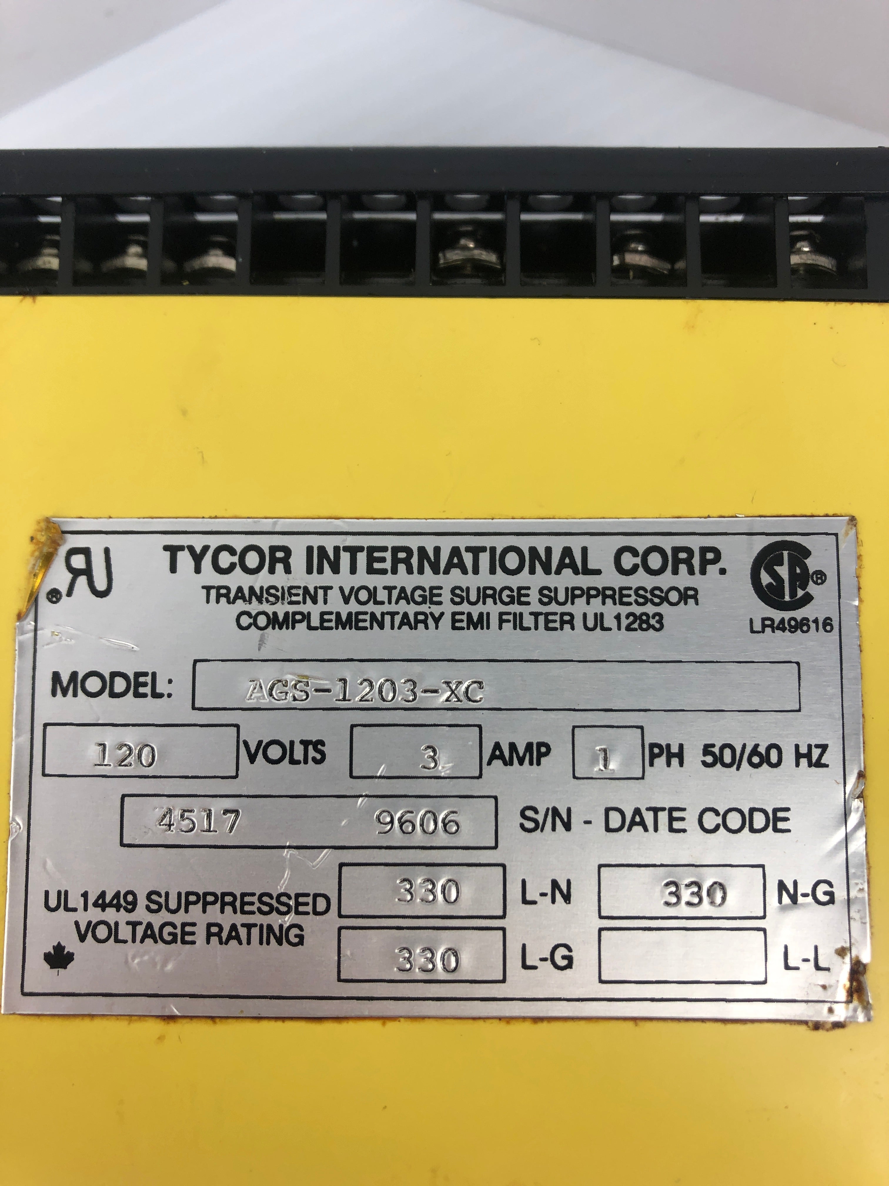 Tycor AGS-1203-XC Aegis Transient Voltage Surge Suppressor 120V 3A 1PH 50/60Hz