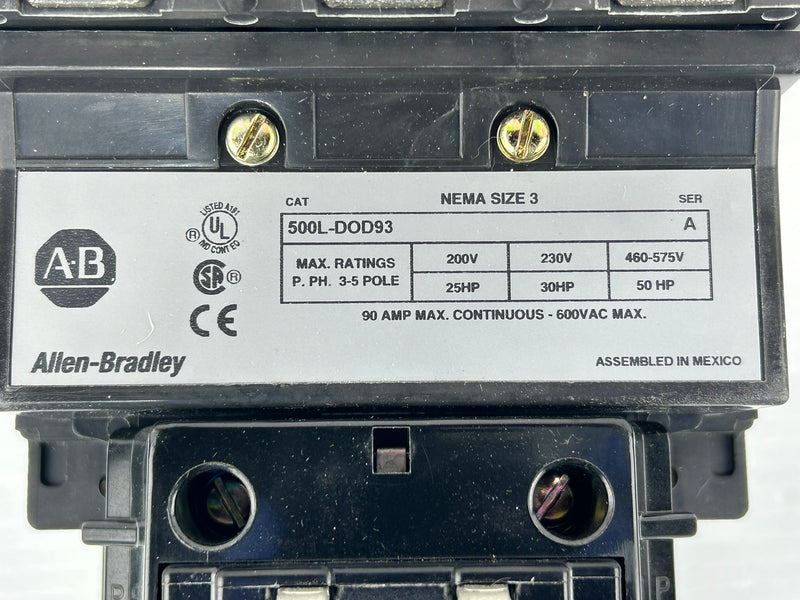 Allen-Bradley Contactor 500L-DOD93 Series A 90 Amp Size 3