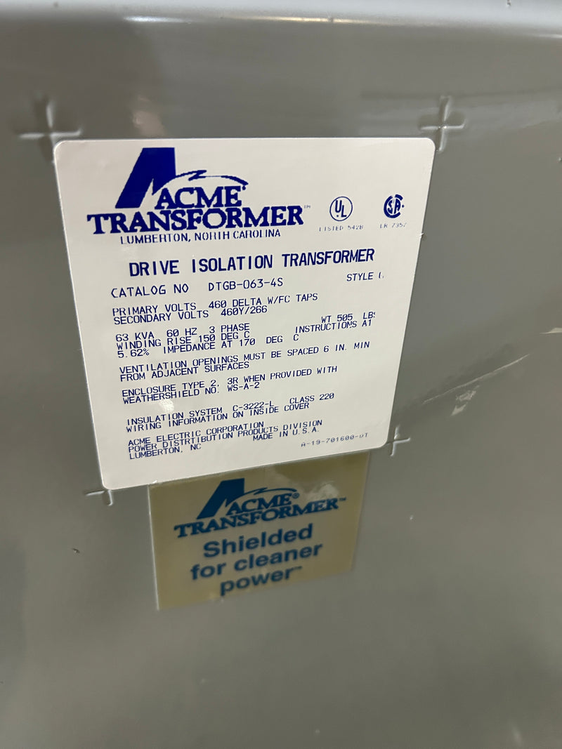 Acme DTGB-063-4S Drive Isolation Transformer 63kVA Style G 460V 460Y/266V 3PH