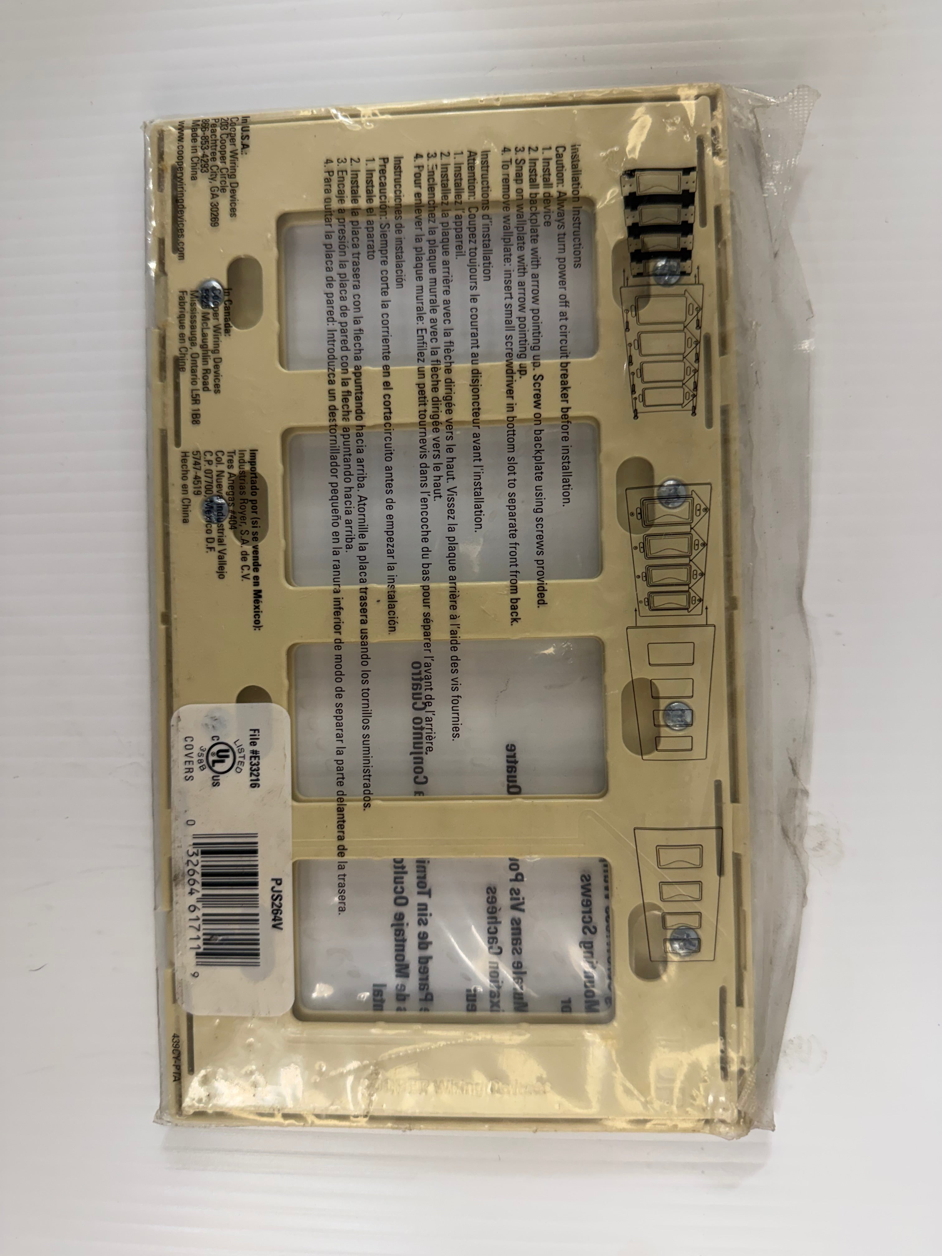 Cooper Wiring 4-Gang Screwless Wallplate PJS264V Lot of 3