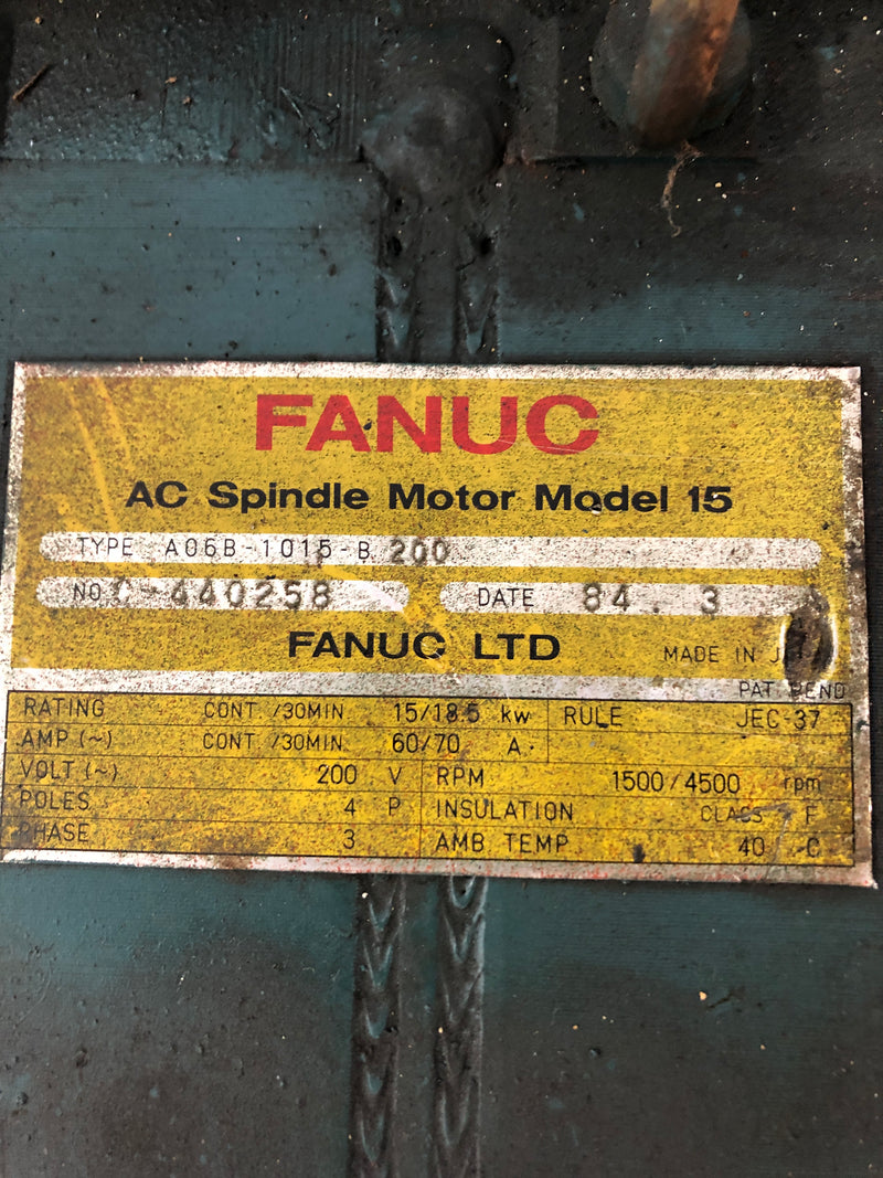 Fanuc A06B-1015-B200 AC Spindle Motor Model 15 1500/4500RPM 3PH 4P 60/70A 200V