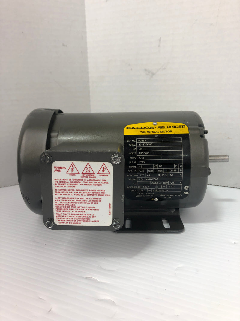 Baldor Reliance M3353 Industrial Motor 0.13HP 1725 RPM 230/460V 1/.5A 3PH