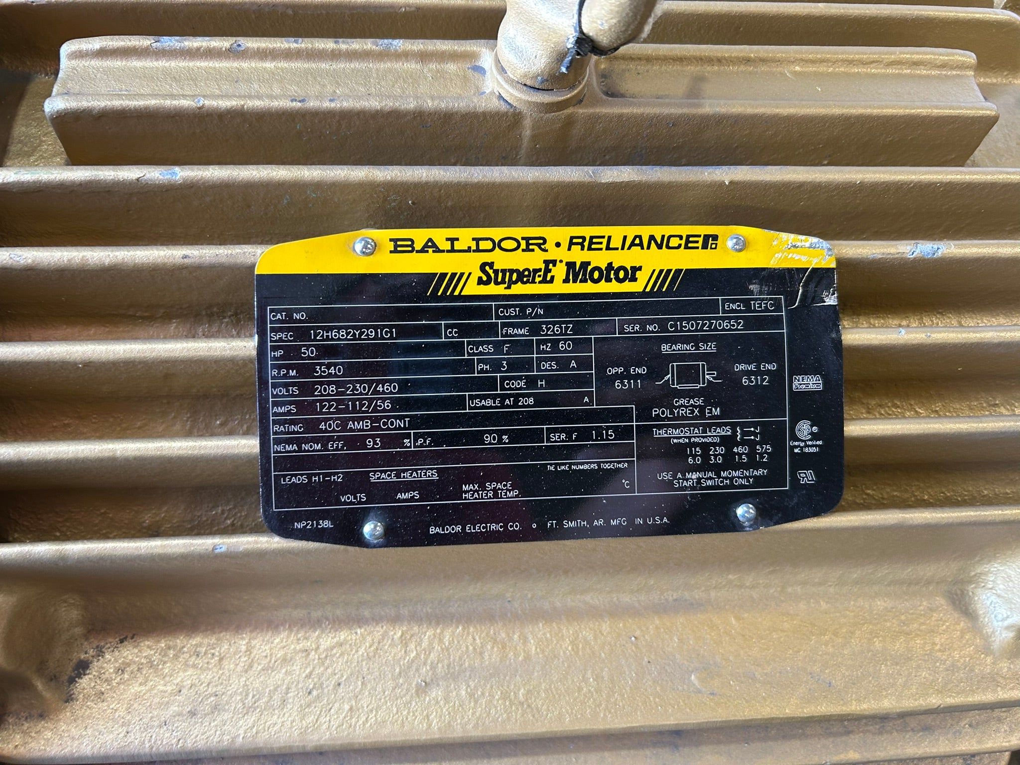 Baldor Reliance 12H682Y291G1 Super E Motor Frame 326TZ HP 50 RPM 3540 PH 3