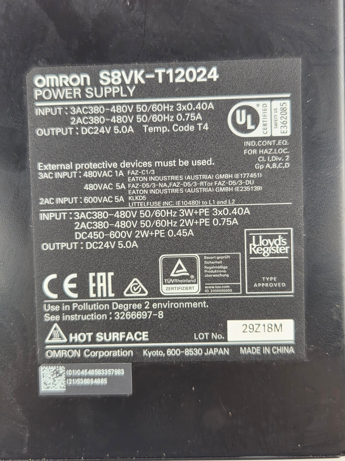 Omron S8VK-T12024 Power Supply 24VDC 5.0A DIN Rail