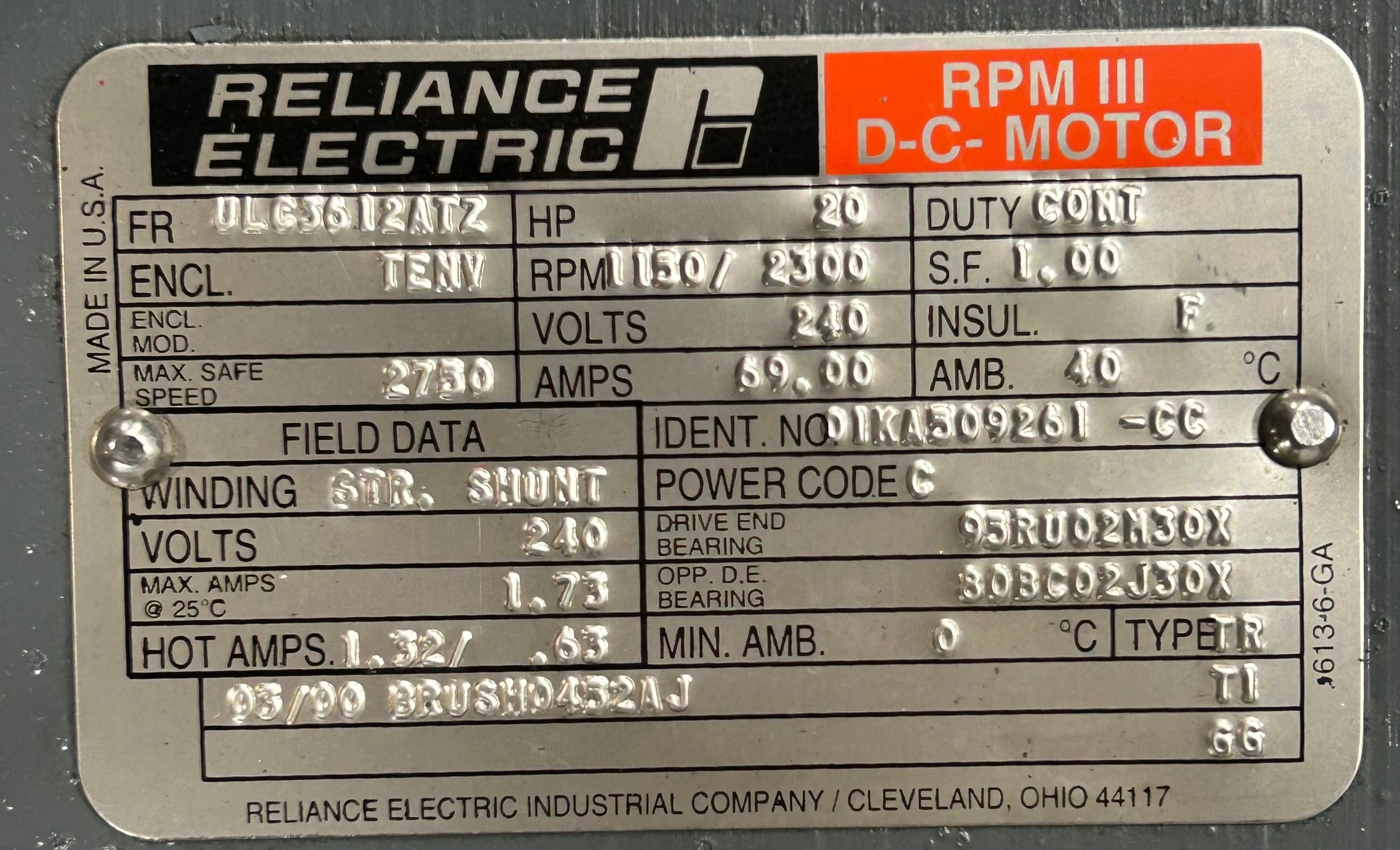 Reliance Electric ULC3612ATZ DC Motor 20HP 2300RPM With Stearns 108201102070 Hub
